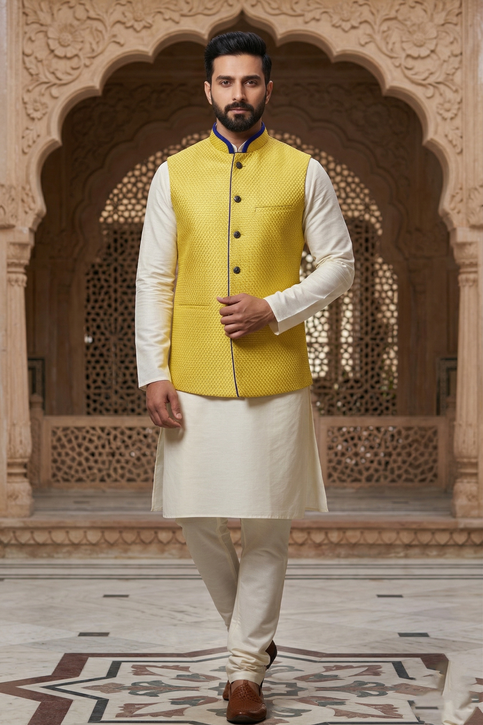 Men’s Lemon Yellow Textured Nehru Jacket & Silk Blend Kurta Pajama Set