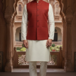 Men’s Traditional Brick Red Textured Nehru Jacket & Silk Blend Kurta Pajama Set