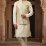 Men’s Premium Champagne Gold Jacquard Nehru Jacket & Silk Blend Kurta Pajama Set