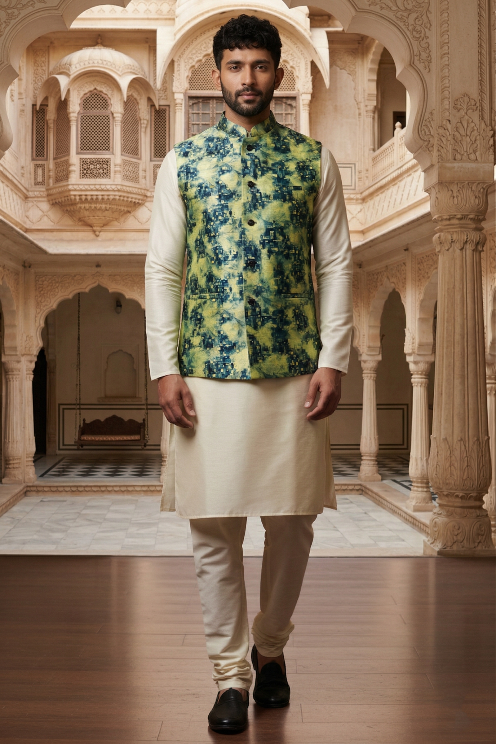 Men's Teal & Lime Green Abstract Print Nehru Jacket with Ivory Silk Blend Kurta Pajama Set