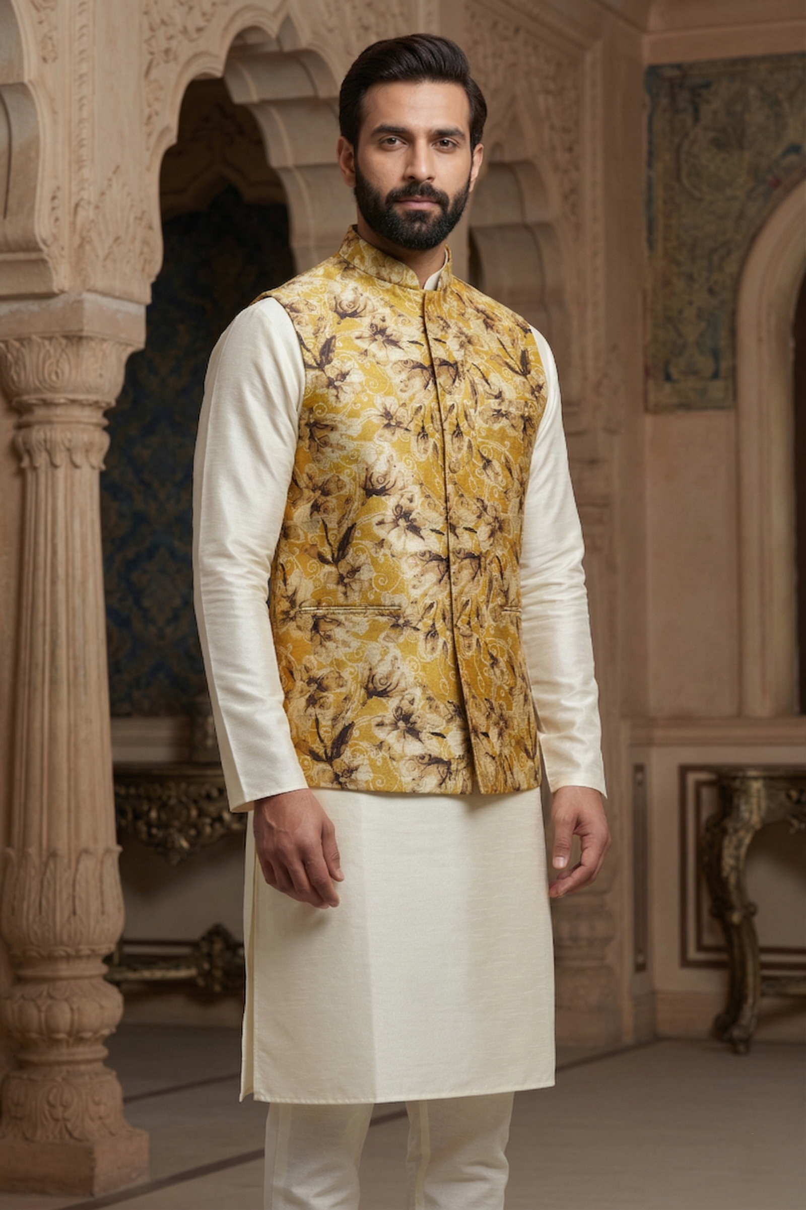 Men's Mustard Gold Floral Printed Nehru Jacket with Off-White Silk Blend Kurta Pajama Set