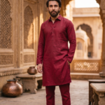 Men's Maroon Cotton-Linen Kurta Pajama Set