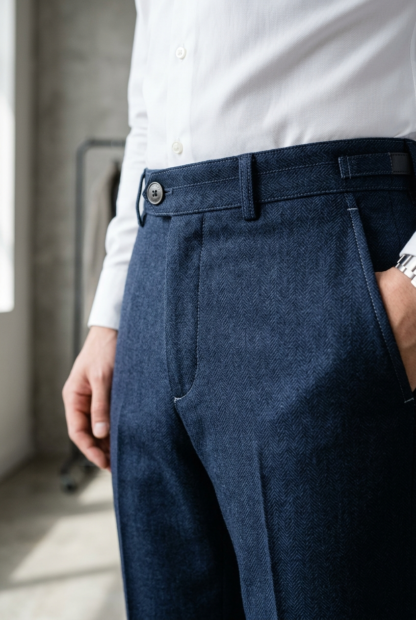 Men’s Navy Blue Herringbone Formal Trousers - Image 3