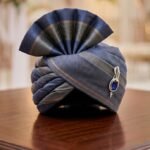 Royal Blue & Grey Silk Pheta for Men Traditional Maharashtrian Wedding Turban (Safa/Pagri) with Stone Studded Kalgi Brooch