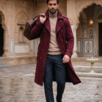 Men's Premium Burgundy Trench Coat – Modern Slim Fit Longline Overcoat