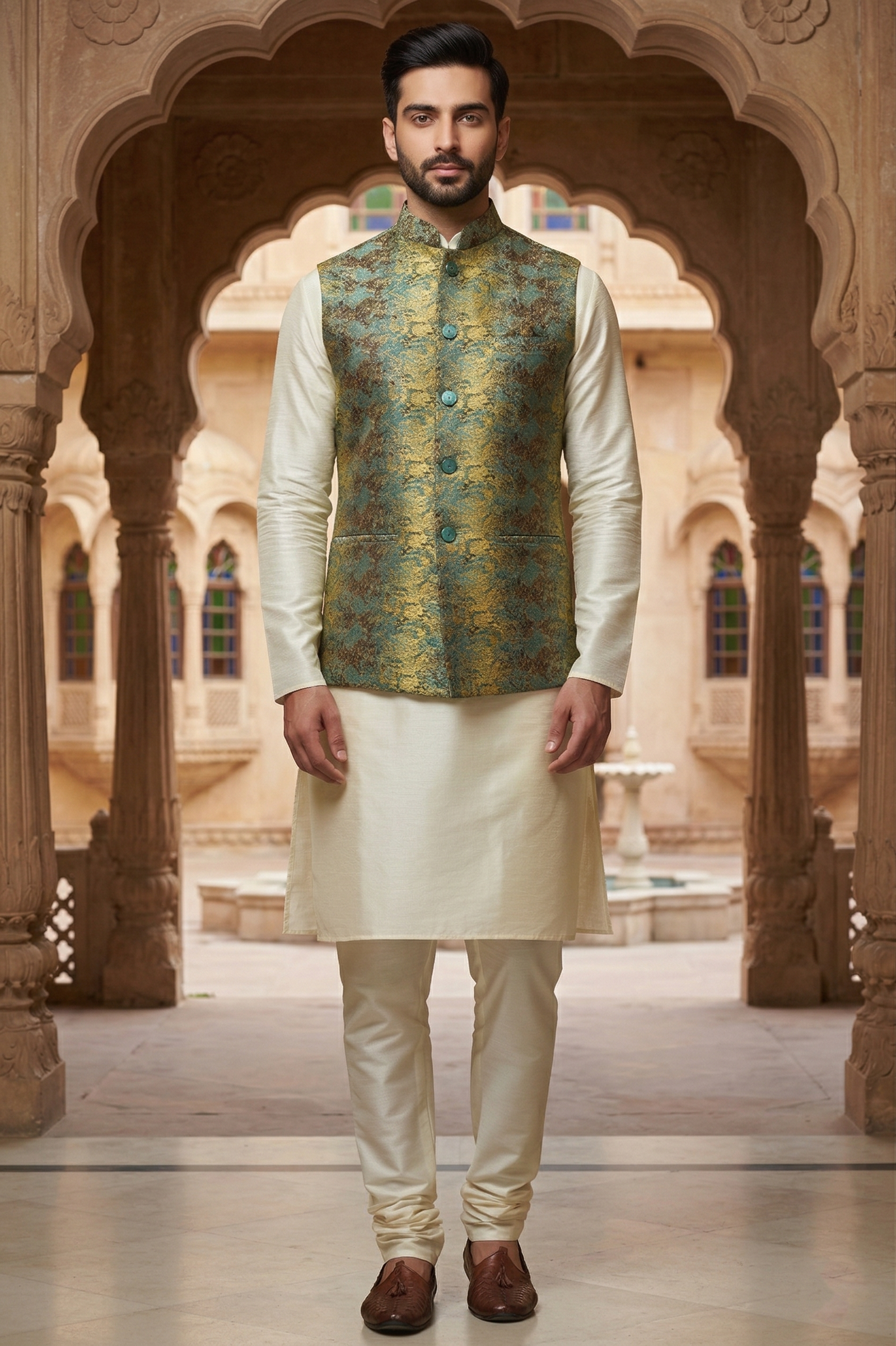 Men's Teal & Gold Metallic Abstract Nehru Jacket with Ivory Silk Blend Kurta Pajama Set
