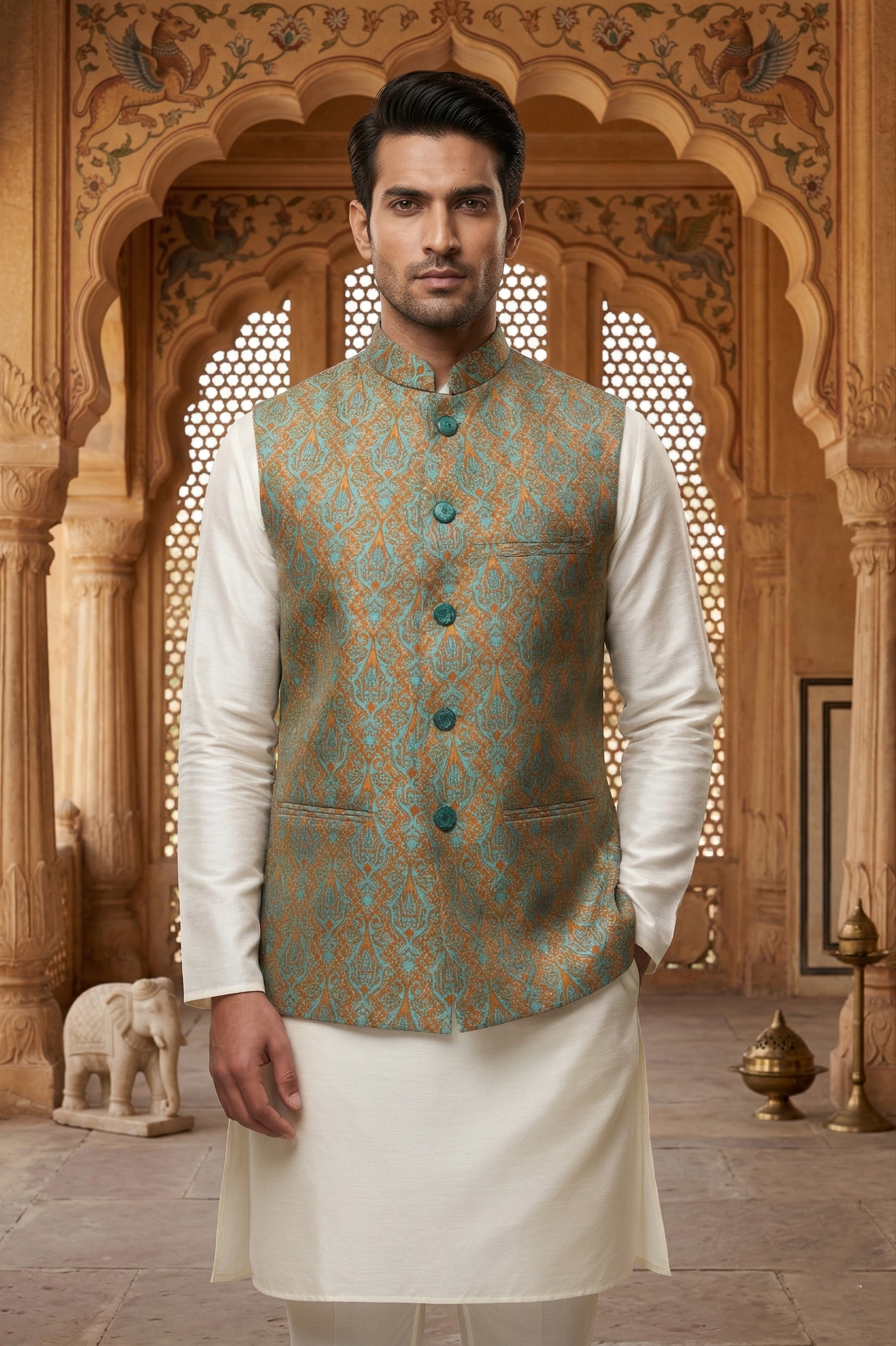 Men's Teal & Burnt Orange Damask Print Nehru Jacket with Ivory Silk Blend Kurta Pajama Set