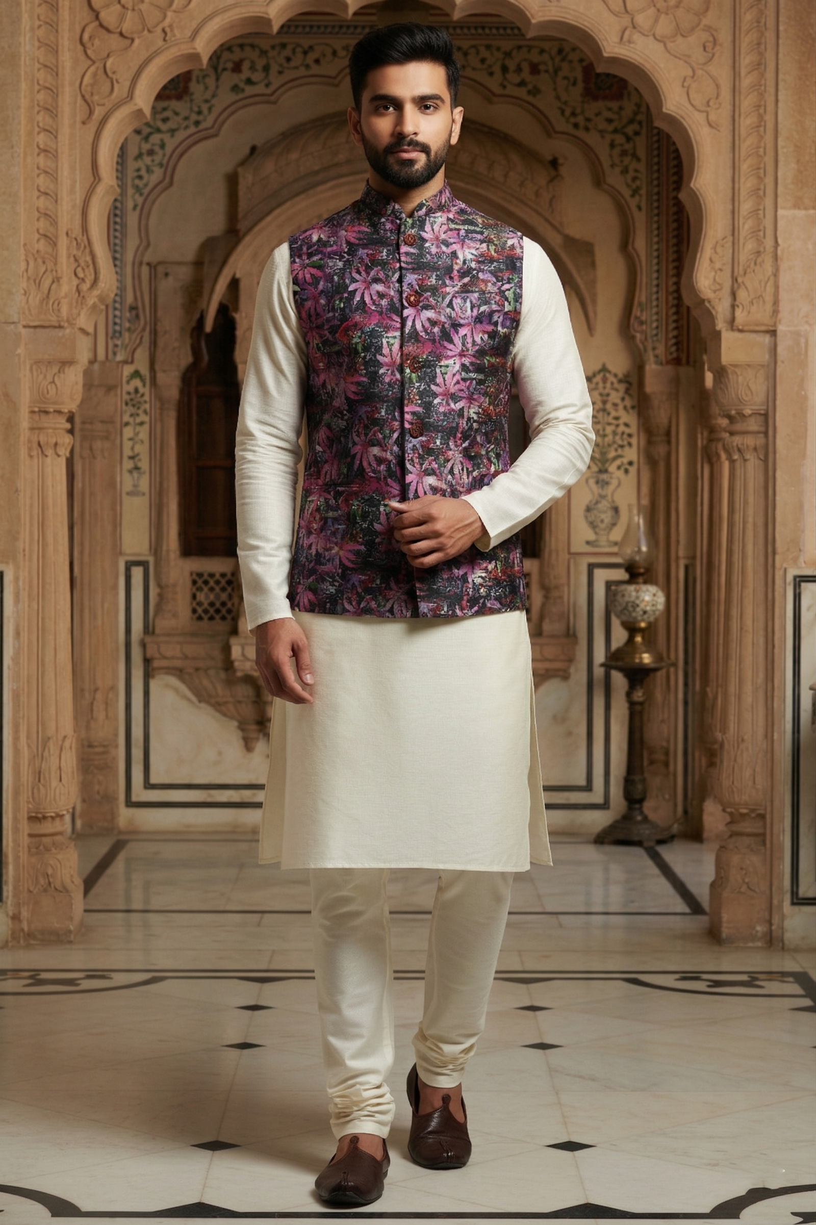 Men's Silk Blend Kurta Pajama Set with Purple Floral Printed Nehru Jacket