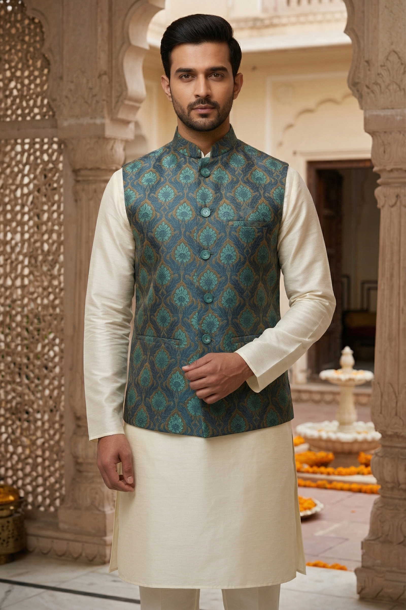 Men's Teal & Seafoam Floral Medallion Print Nehru Jacket with Ivory Silk Blend Kurta Pajama Set