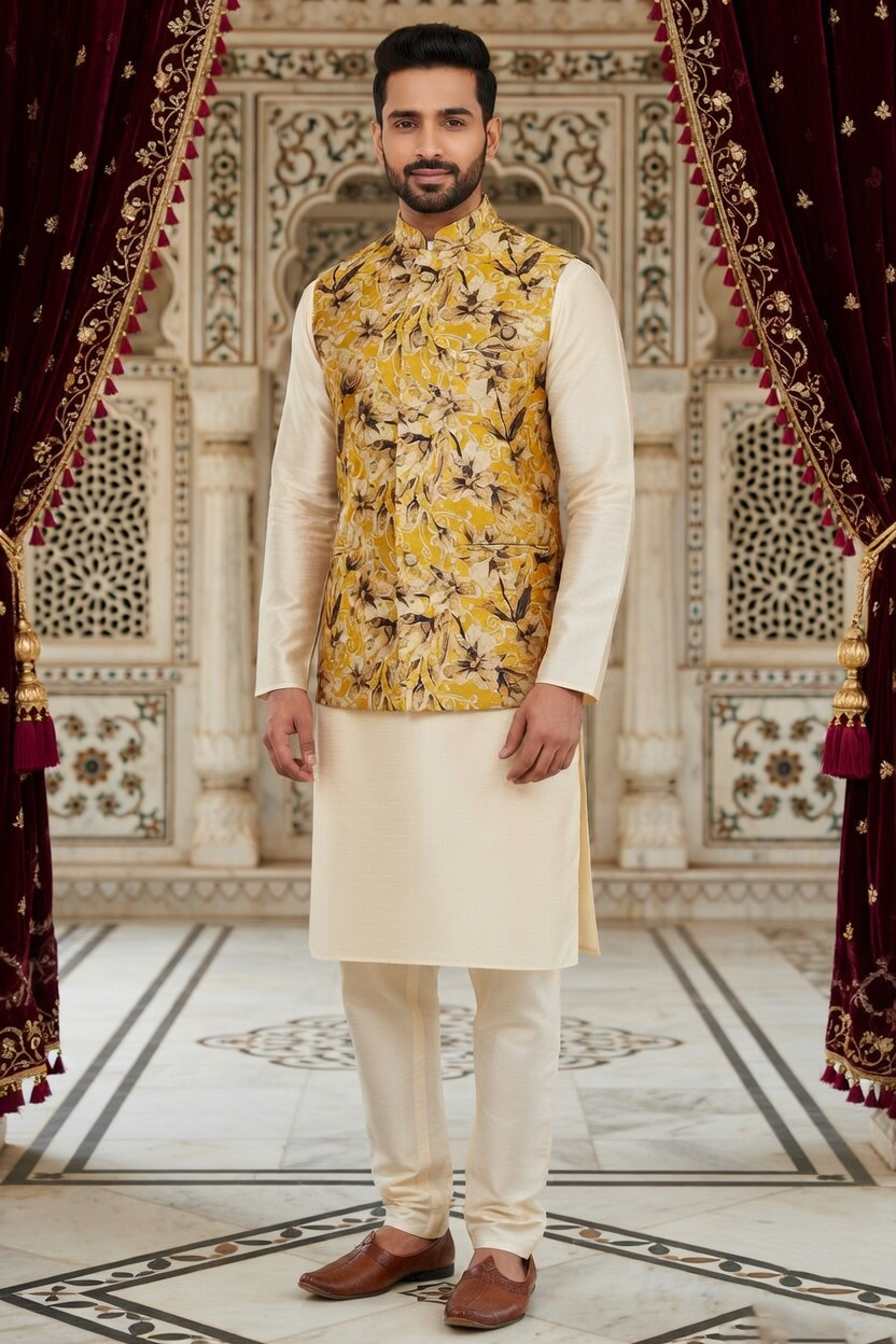 Men’s Mustard Gold Floral Nehru Jacket Set – Premium Sketch-Print Waistcoat with Ivory Silk Blend Kurta & Churidar