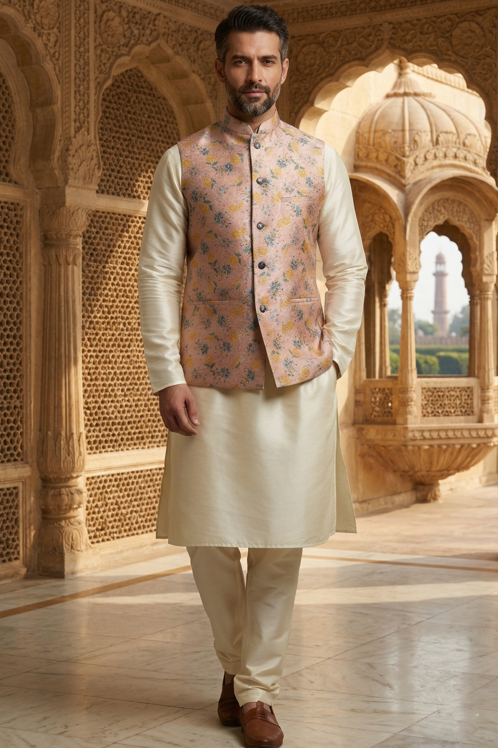 Men's Peach & Blue Floral Nehru Jacket Set – Premium Printed Waistcoat with Cream Silk Blend Kurta & Churidar Pajama