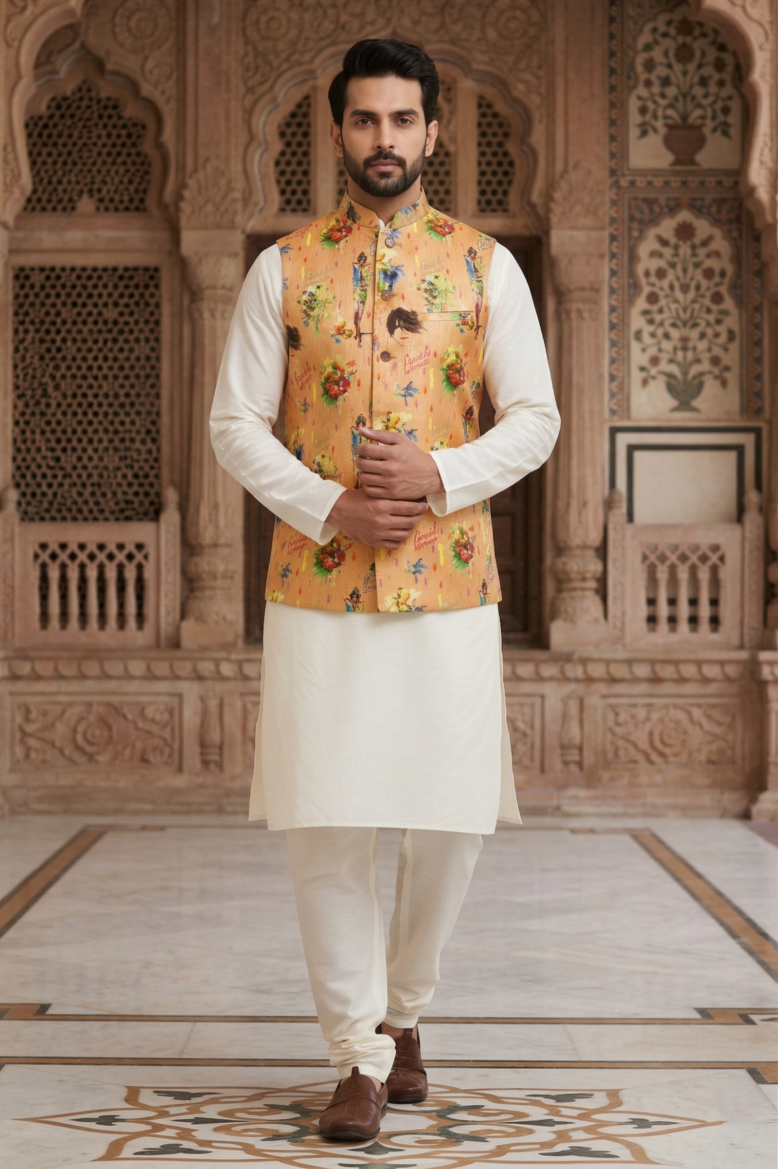 Men's Artistic Pop-Art Nehru Jacket Set – Graphic Print Peach Waistcoat with Off-White Silk Blend Kurta & Churidar