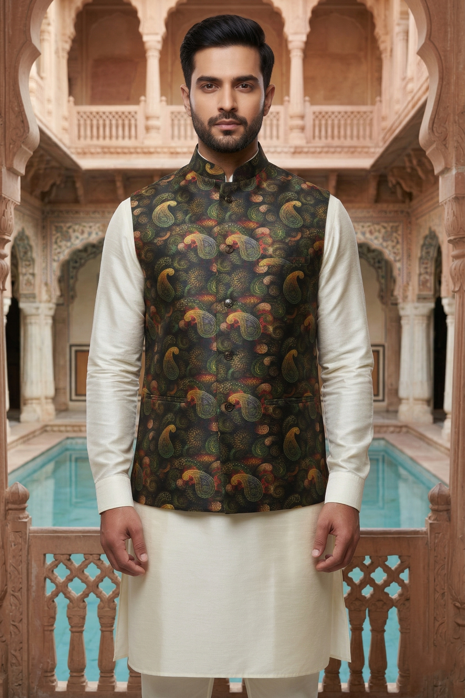 Men's Silk Blend Kurta Pajama Set with Dark Paisley Printed Nehru Jacket