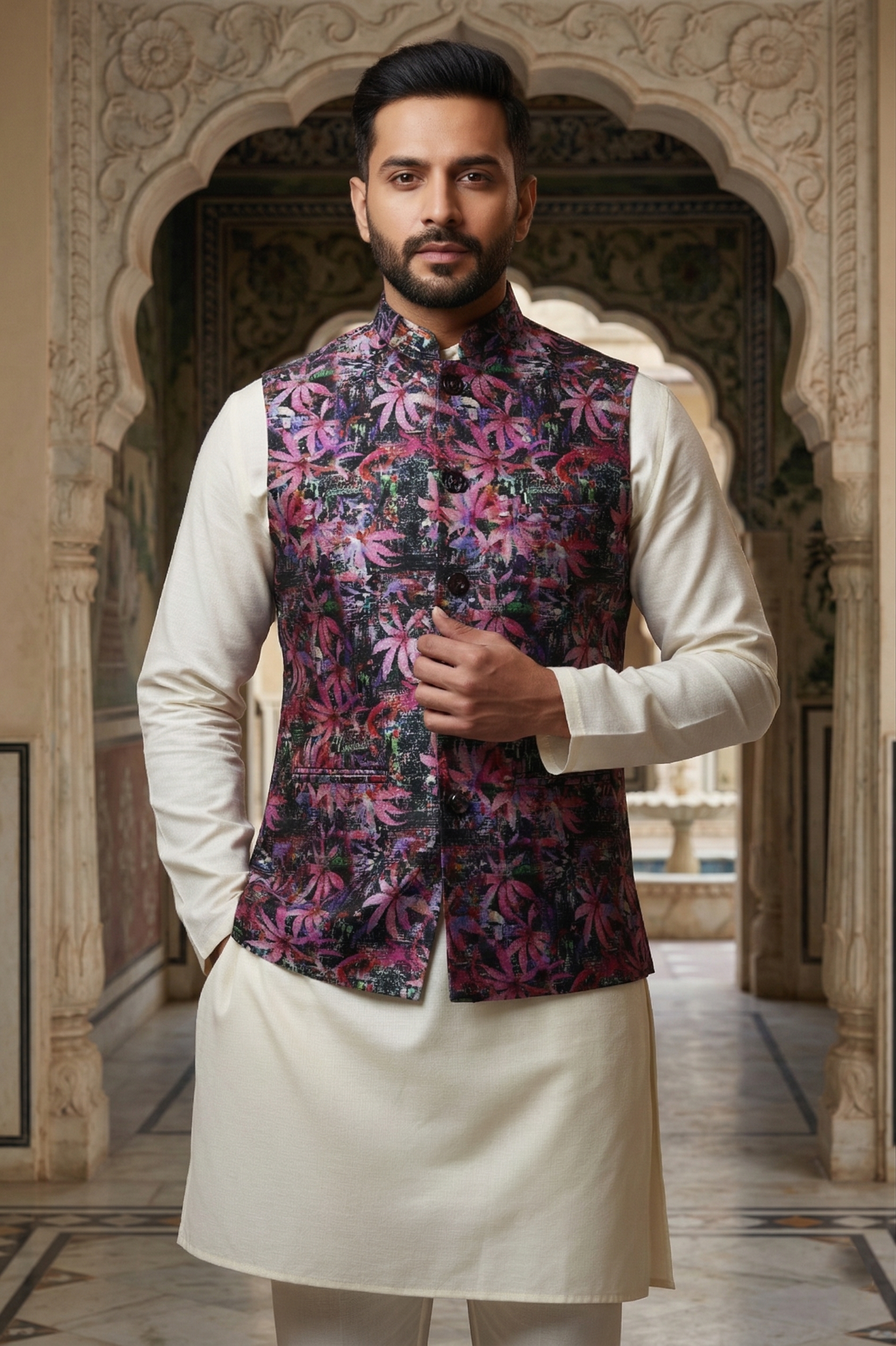 Men's Midnight Violet Floral Nehru Jacket Set – Premium Dark Printed Waistcoat with Off-White Silk Blend Kurta & Pajama