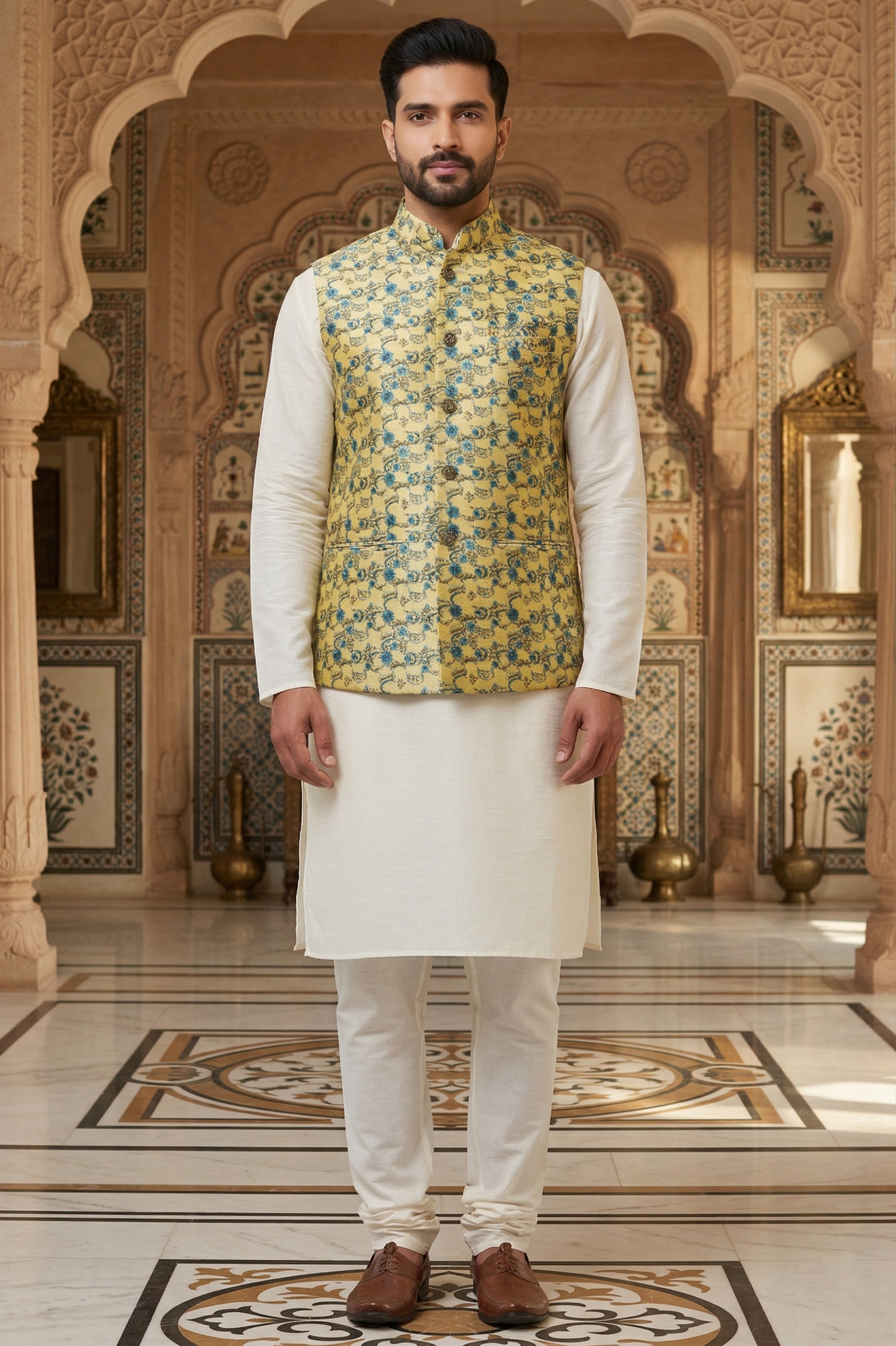 Men's Mustard & Teal Floral Nehru Jacket Set – Premium Silk-Blend Kurta Pajama with Intricate Vine Printed Waistcoat