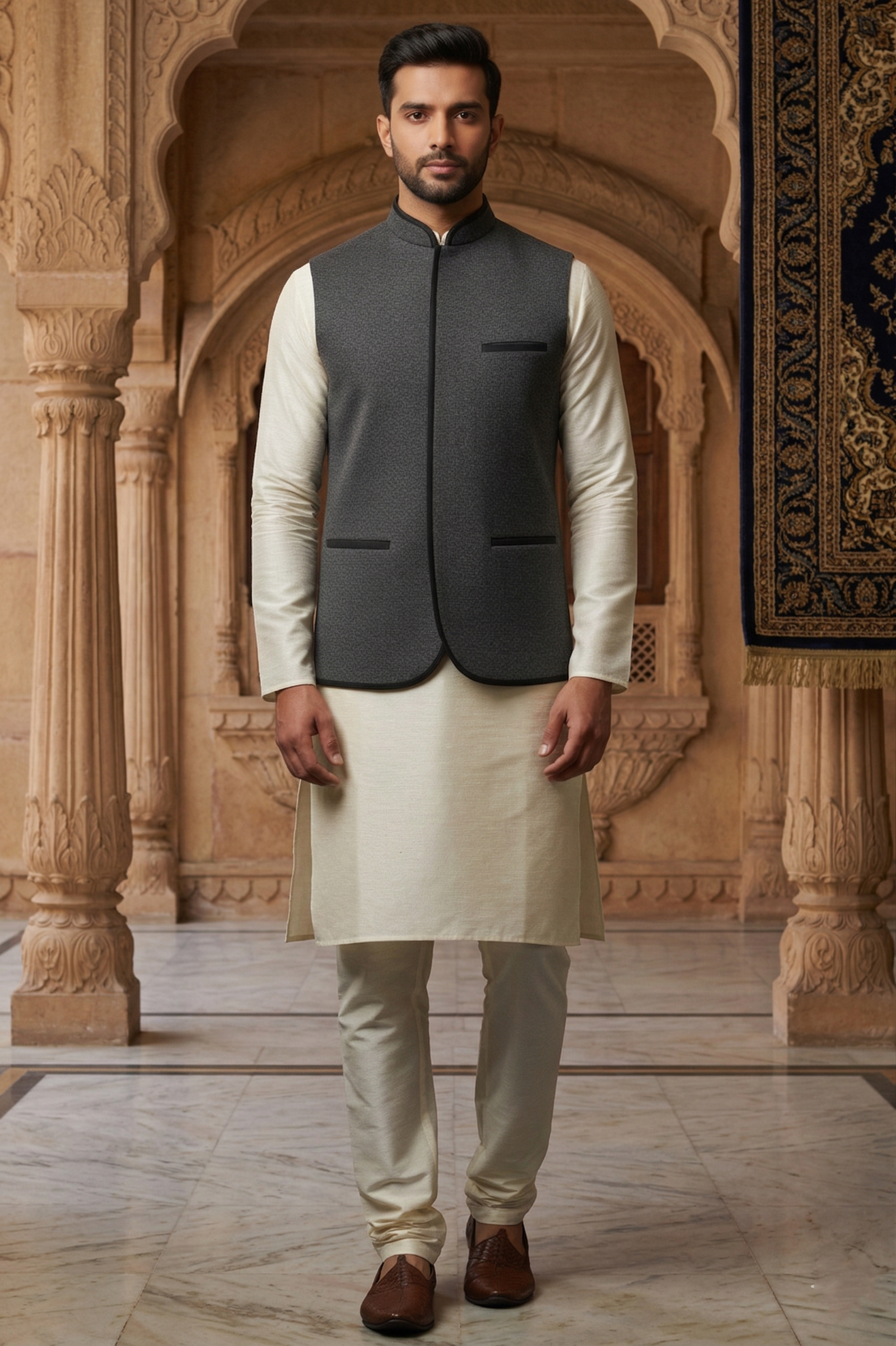 Men’s Modern Charcoal Textured Nehru Jacket Set – Open-Front Waistcoat with Black Piping, Cream Silk Blend Kurta & Pajama