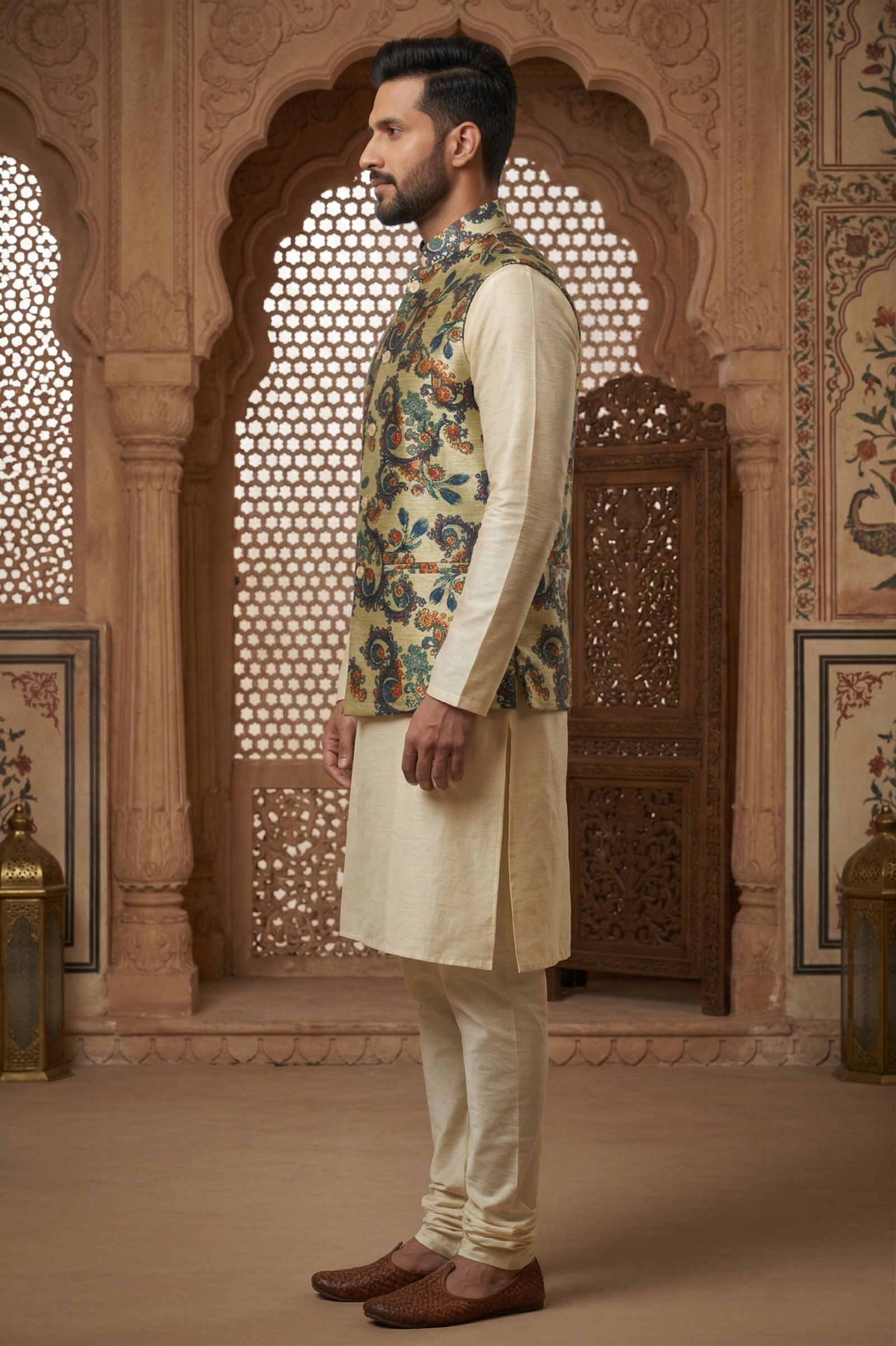 Men's Silk Blend Kurta Pajama Set with Vintage Kalamkari Print Nehru Jacket - Image 2