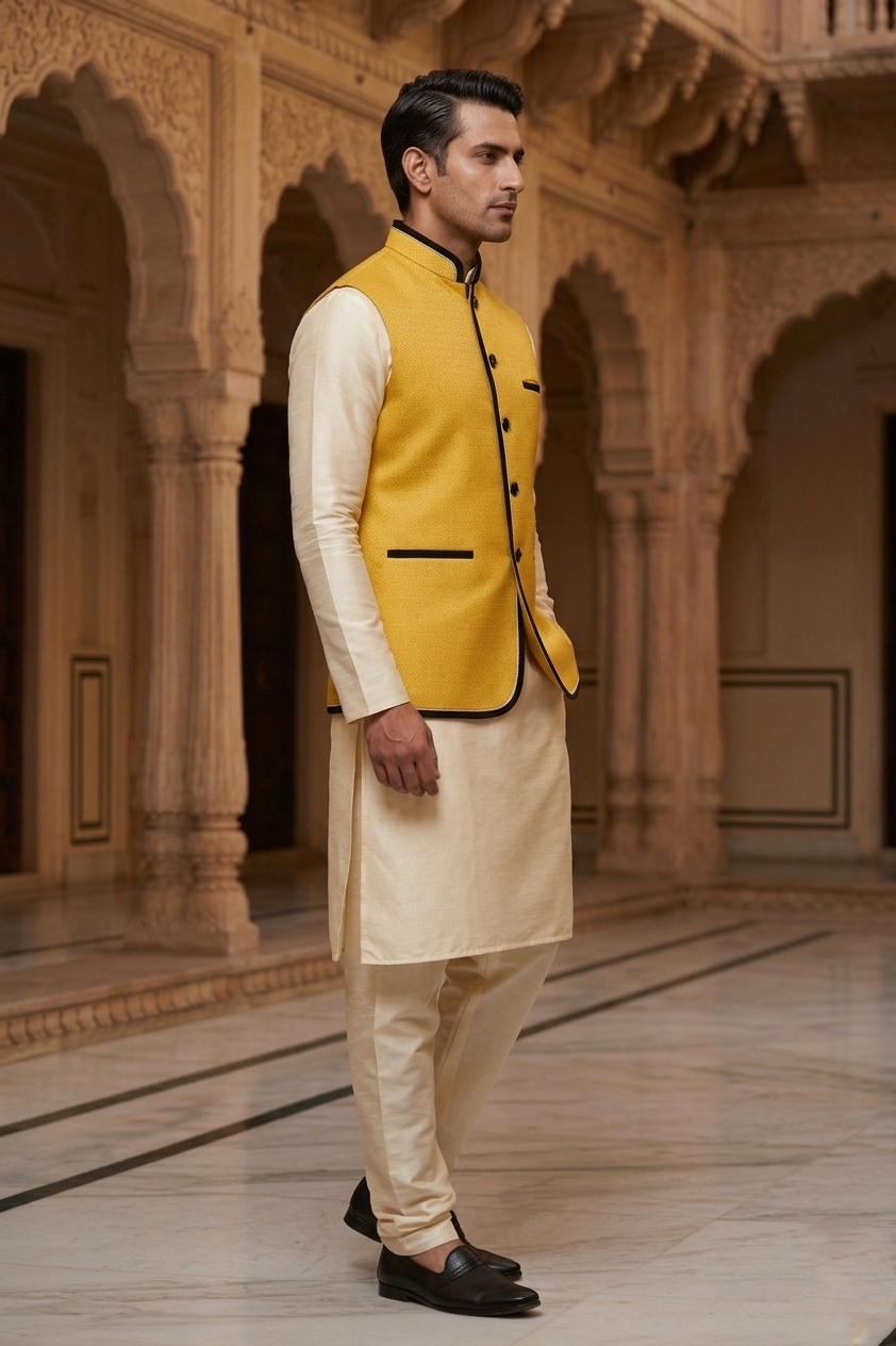 Men’s Mustard Yellow Nehru Jacket with Cream Silk Blend Kurta Pajama Set - Image 2