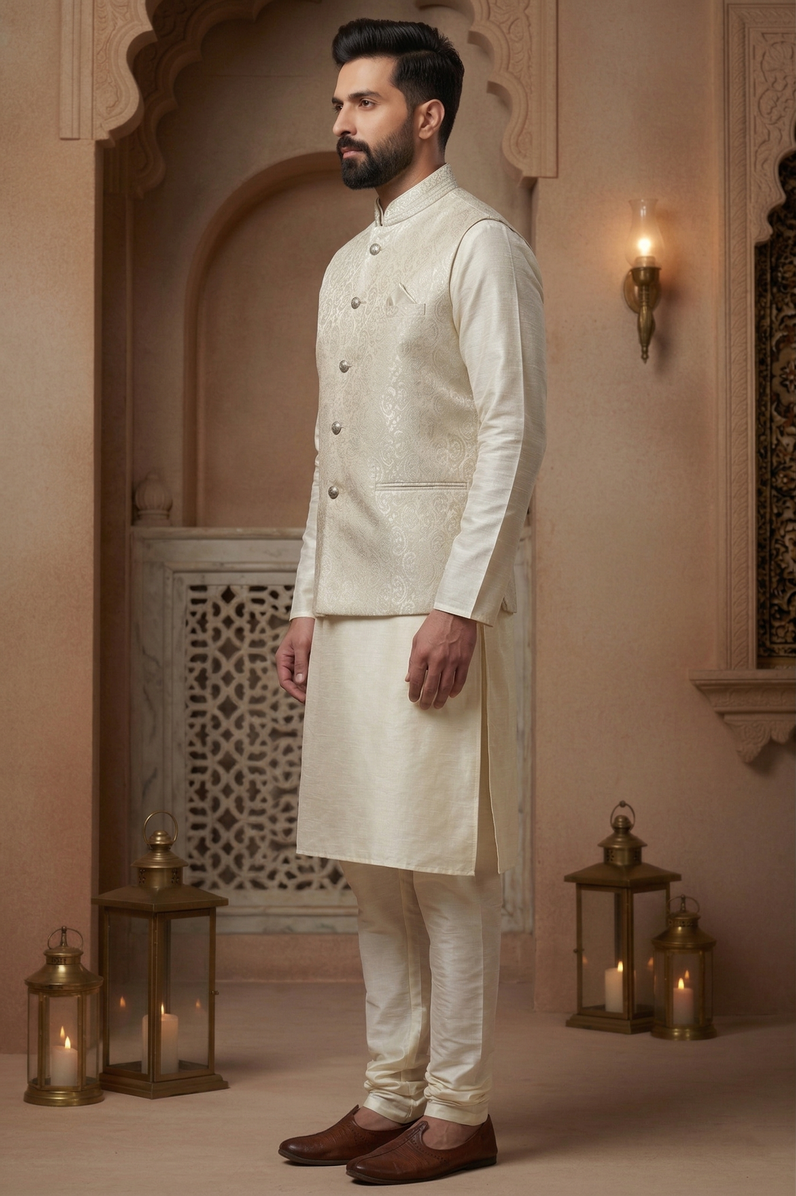 Men’s Ivory Silk Kurta Pajama Set with Jacquard Nehru Jacket - Image 2