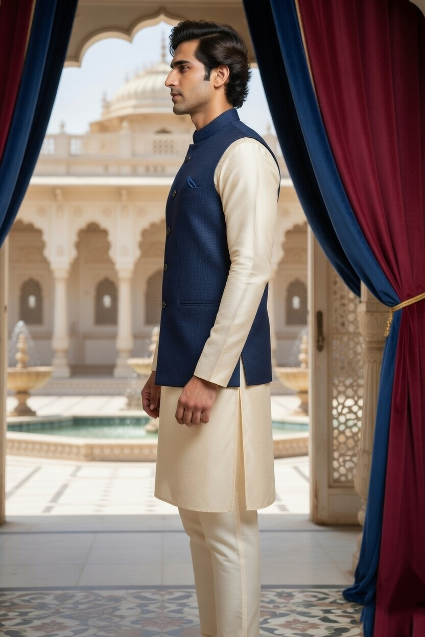 Men’s Midnight Navy Textured Nehru Jacket & Champagne Silk Blend Kurta Pajama Set - Image 2