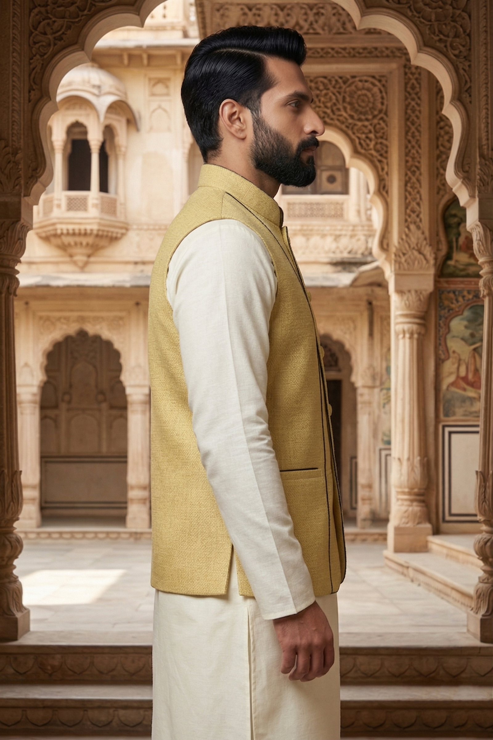 Men’s Mustard Yellow Textured Nehru Jacket & Silk Blend Kurta Pajama Set - Image 2