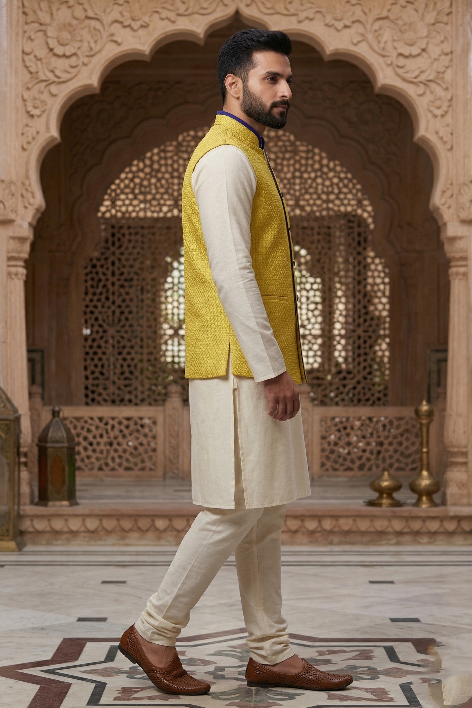 Men’s Lemon Yellow Textured Nehru Jacket & Silk Blend Kurta Pajama Set - Image 2