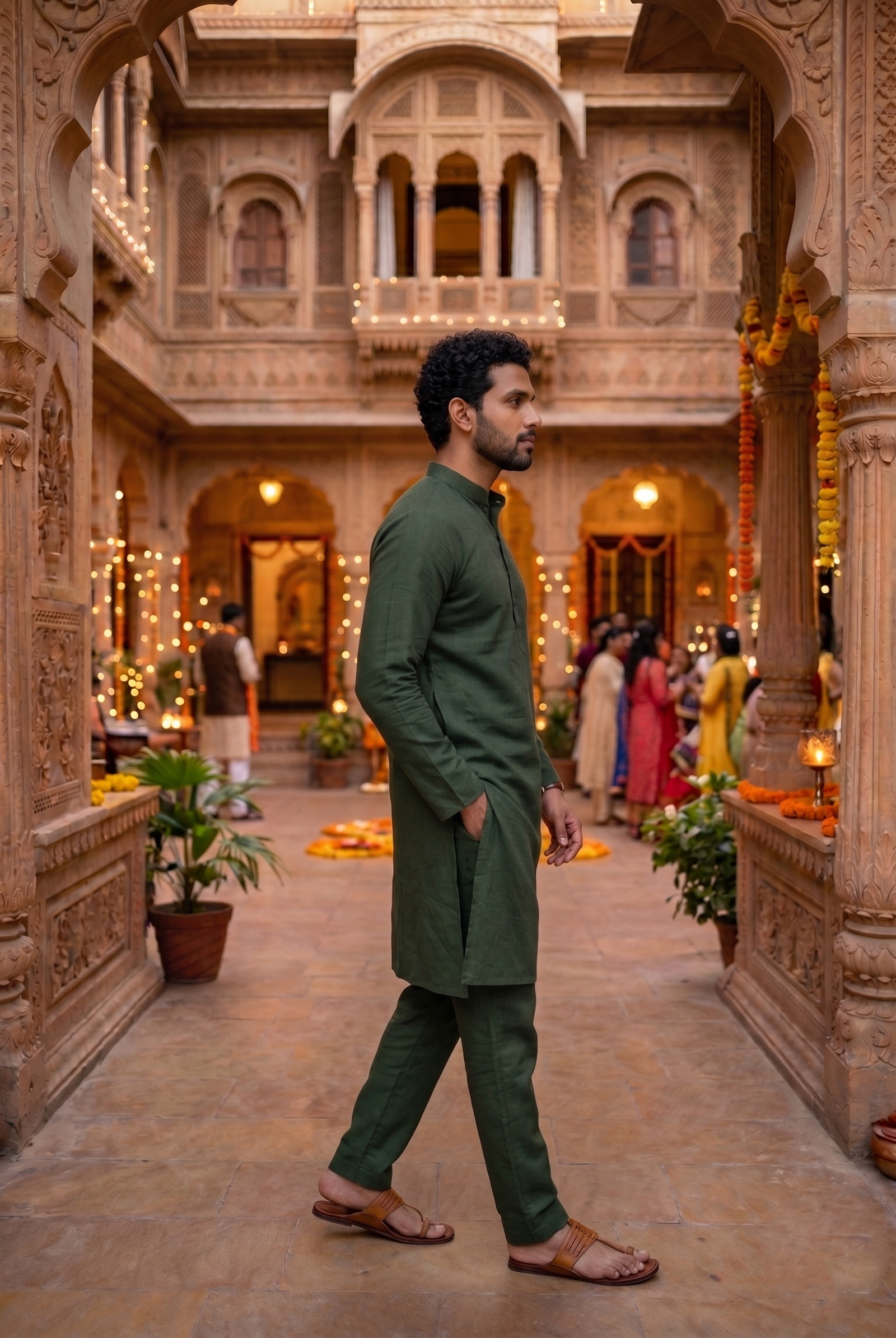 Men's Forest Green Cotton Linen Kurta Pajama Set - Image 2