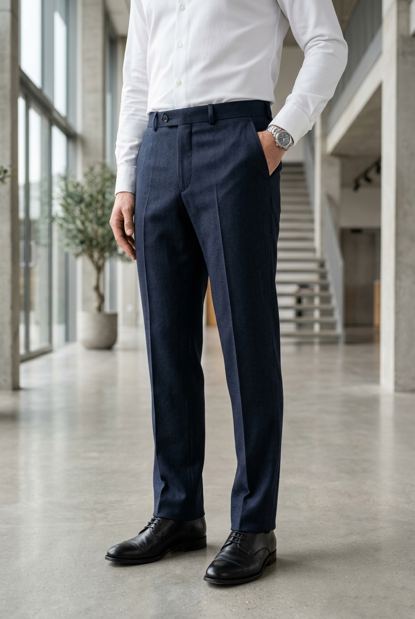 Men’s Navy Blue Herringbone Formal Trousers
