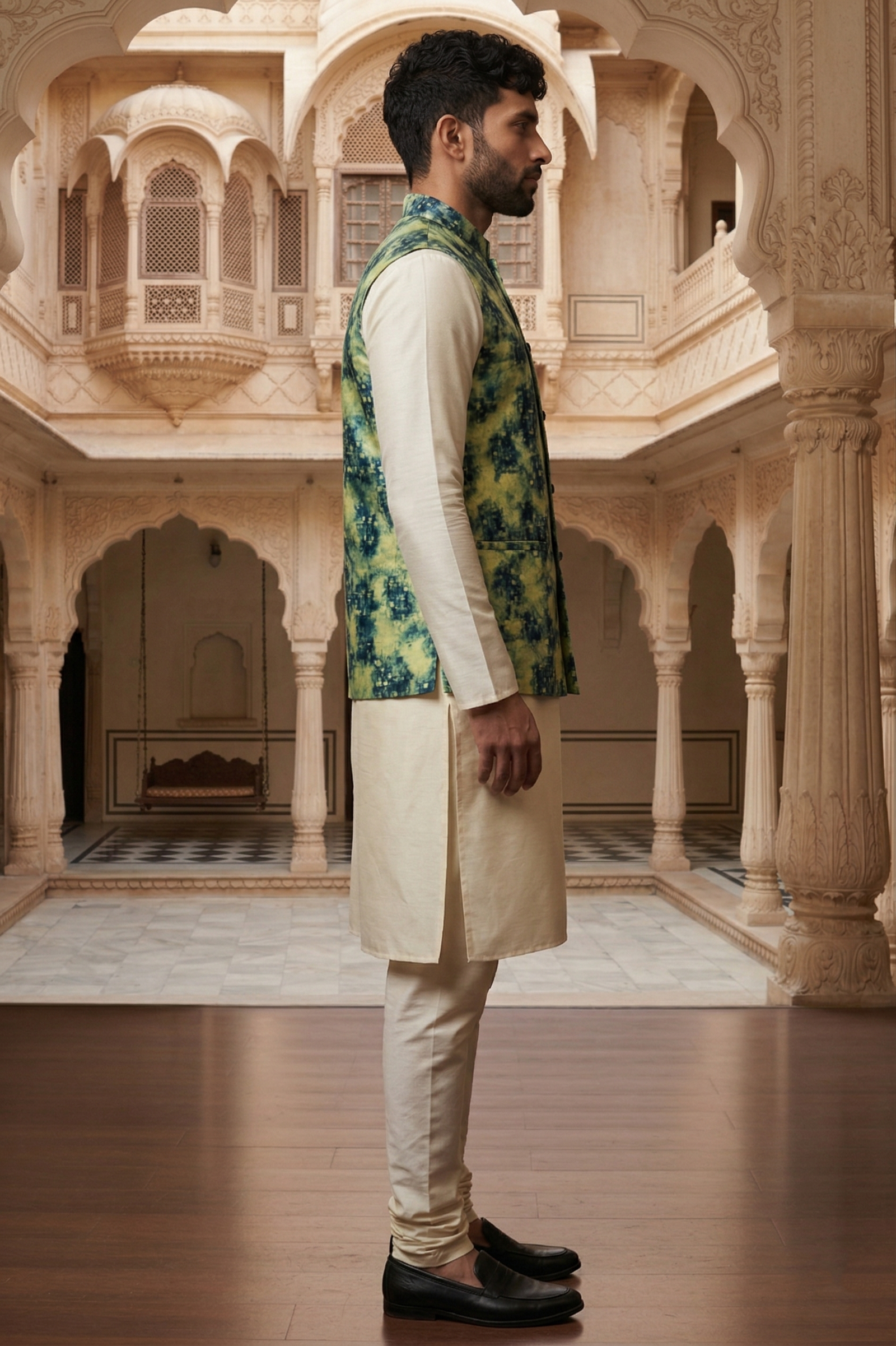 Men's Teal & Lime Green Abstract Print Nehru Jacket with Ivory Silk Blend Kurta Pajama Set - Image 2