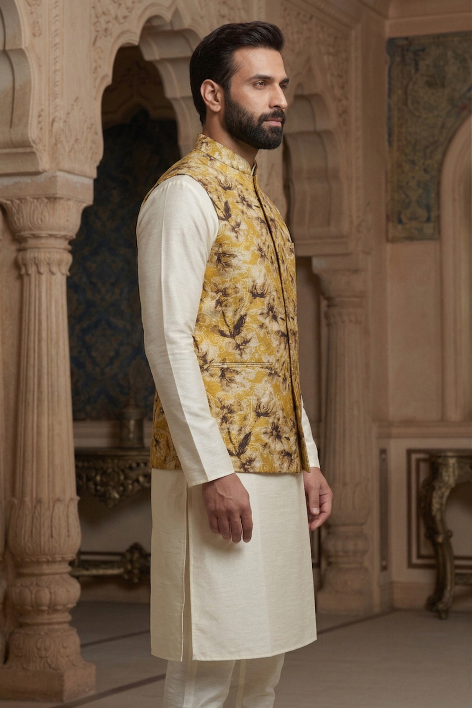 Men's Mustard Gold Floral Printed Nehru Jacket with Off-White Silk Blend Kurta Pajama Set - Image 4
