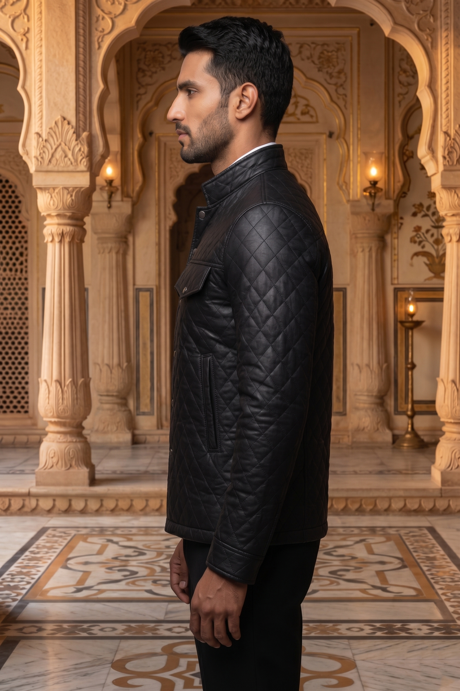 Men's Premium Quilted Leather Jacket – Slim Fit Diamond-Stitched Bomber - Image 2