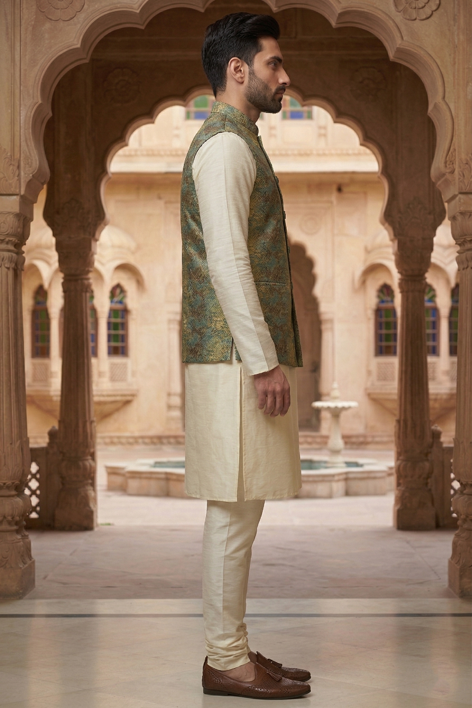 Men's Teal & Gold Metallic Abstract Nehru Jacket with Ivory Silk Blend Kurta Pajama Set - Image 2