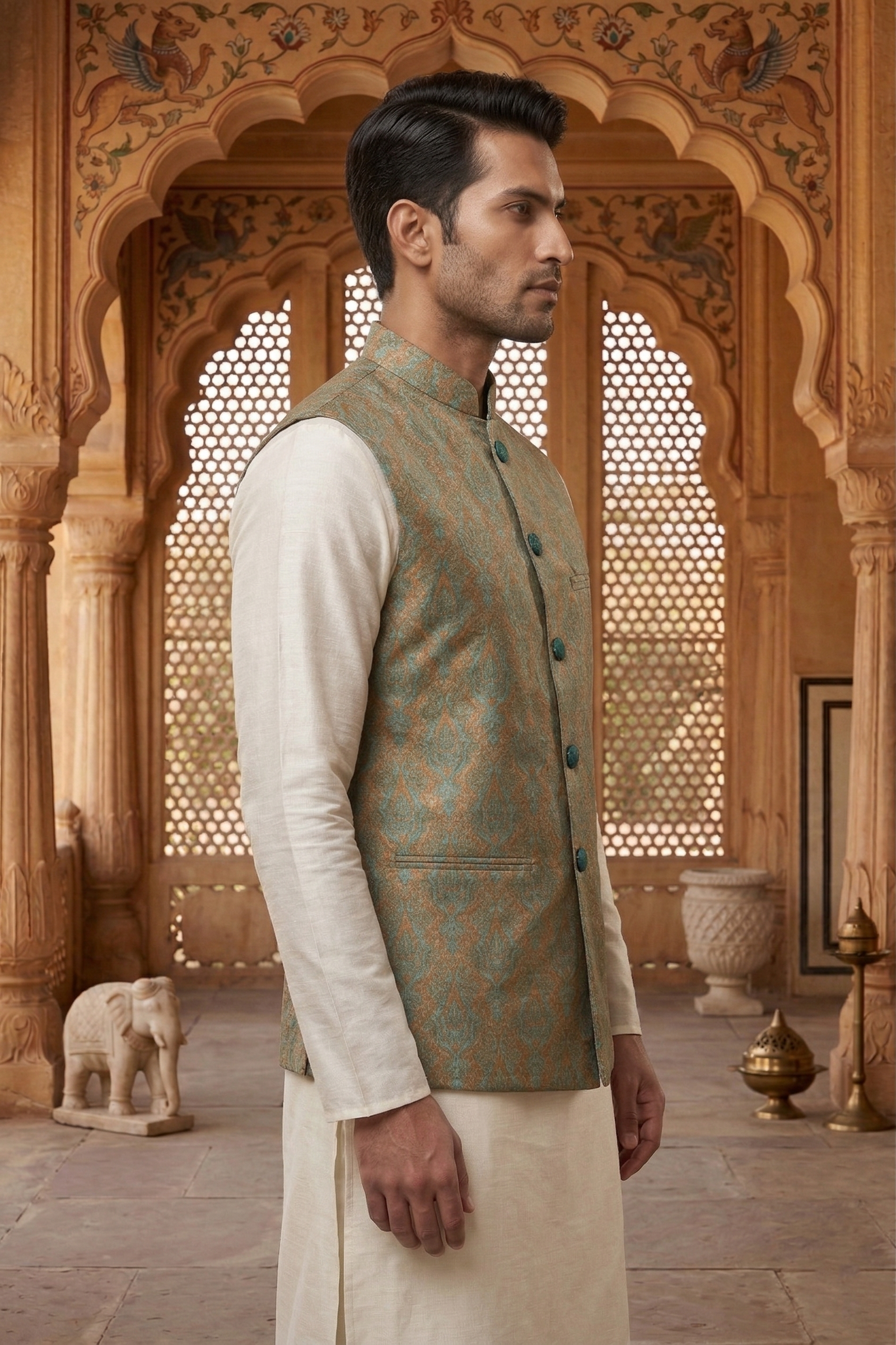 Men's Teal & Burnt Orange Damask Print Nehru Jacket with Ivory Silk Blend Kurta Pajama Set - Image 2
