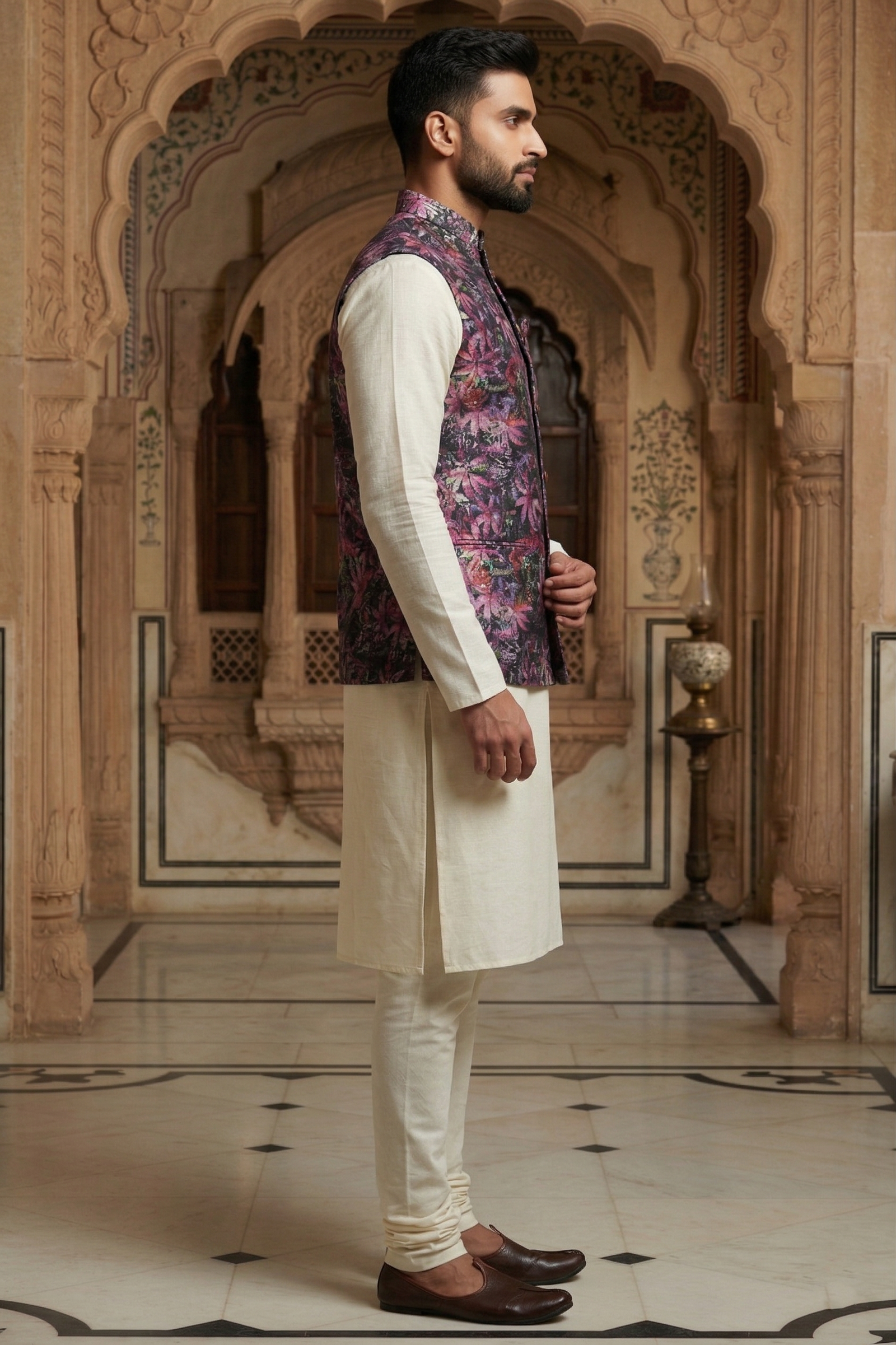 Men's Silk Blend Kurta Pajama Set with Purple Floral Printed Nehru Jacket - Image 2