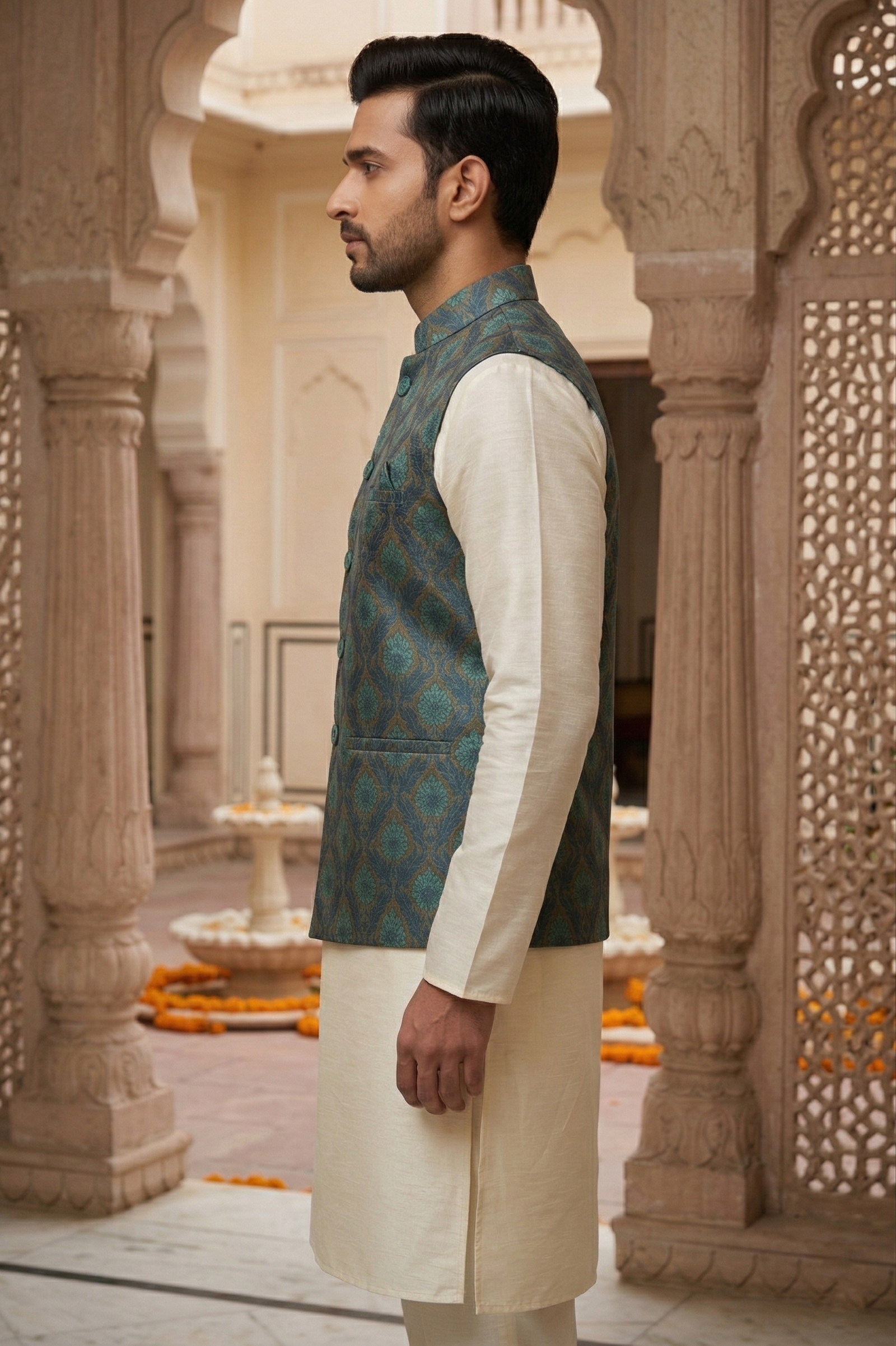 Men's Teal & Seafoam Floral Medallion Print Nehru Jacket with Ivory Silk Blend Kurta Pajama Set - Image 2