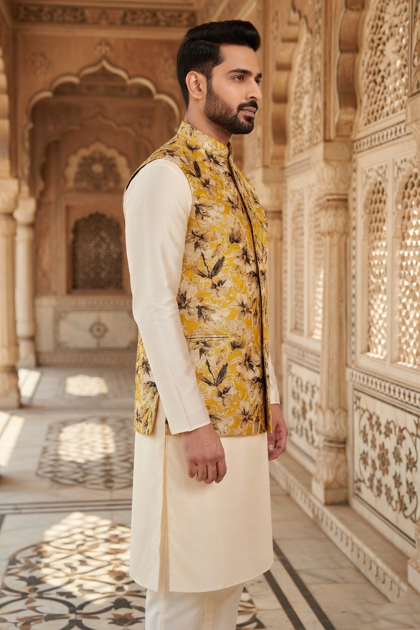Men’s Mustard Gold Floral Nehru Jacket Set – Premium Sketch-Print Waistcoat with Ivory Silk Blend Kurta & Churidar - Image 2