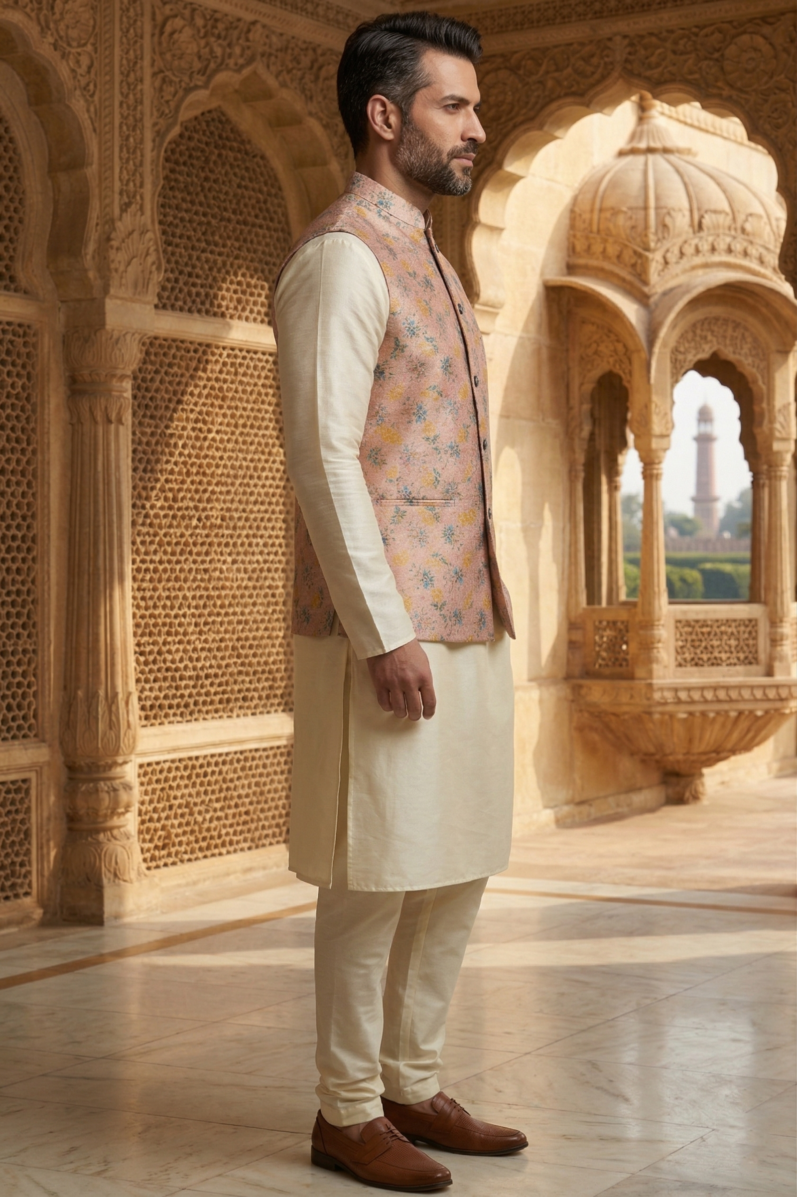 Men's Peach & Blue Floral Nehru Jacket Set – Premium Printed Waistcoat with Cream Silk Blend Kurta & Churidar Pajama - Image 2