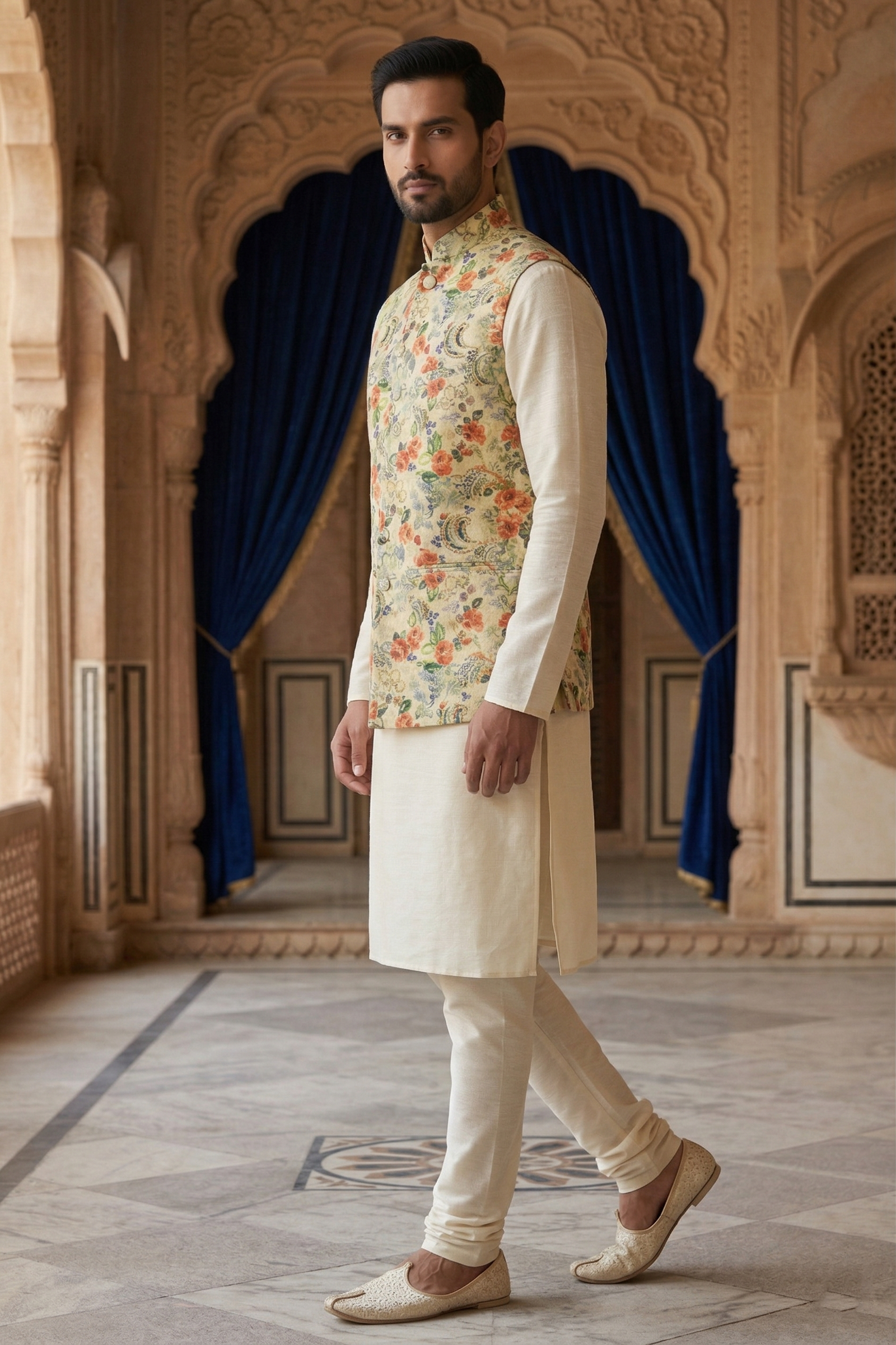 Men's Multi-Color Floral Nehru Jacket Set – Premium Ivory Waistcoat with Peach & Green Prints, Cream Silk Blend Kurta & Pajama - Image 2