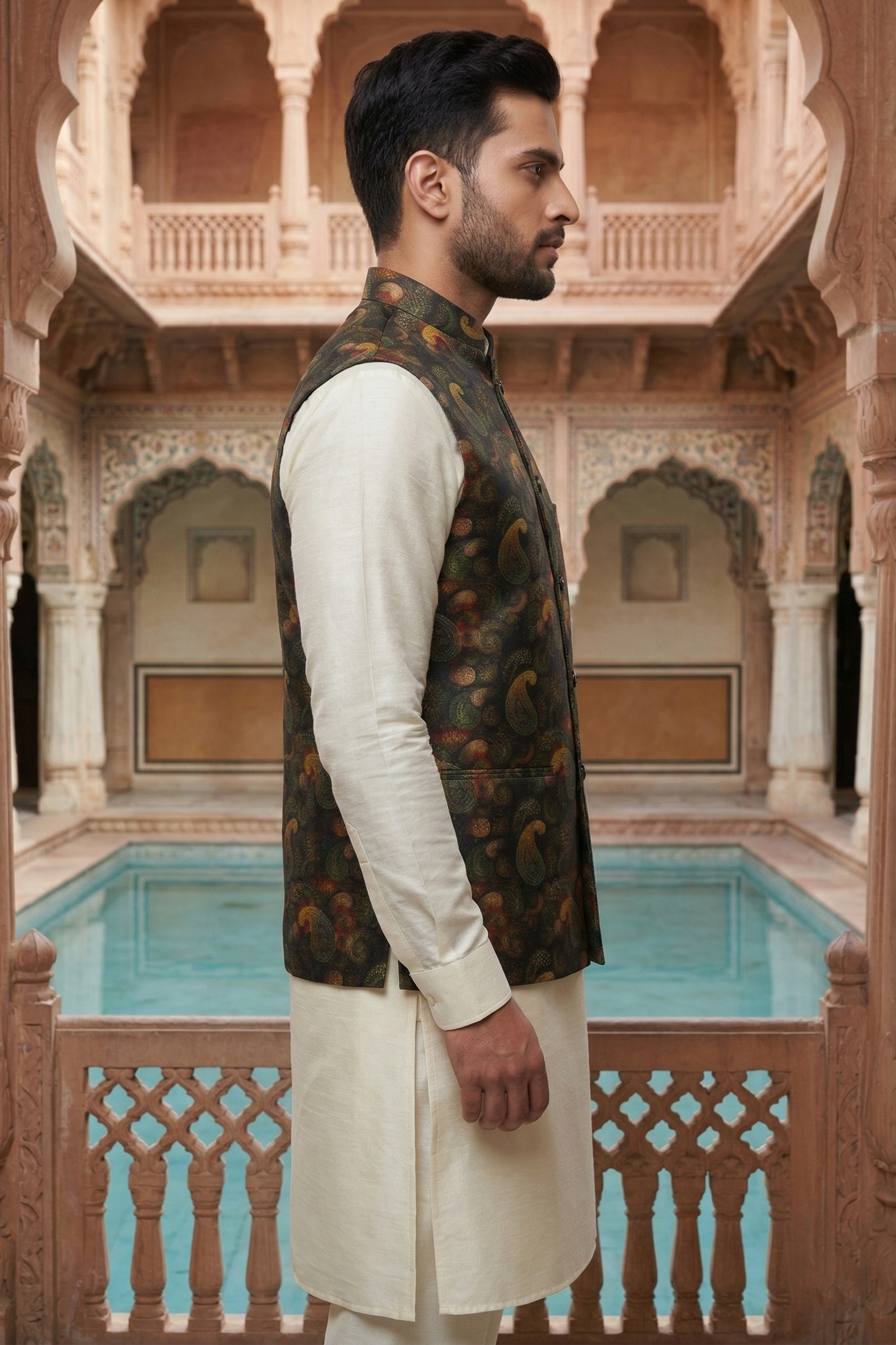 Men's Silk Blend Kurta Pajama Set with Dark Paisley Printed Nehru Jacket - Image 2