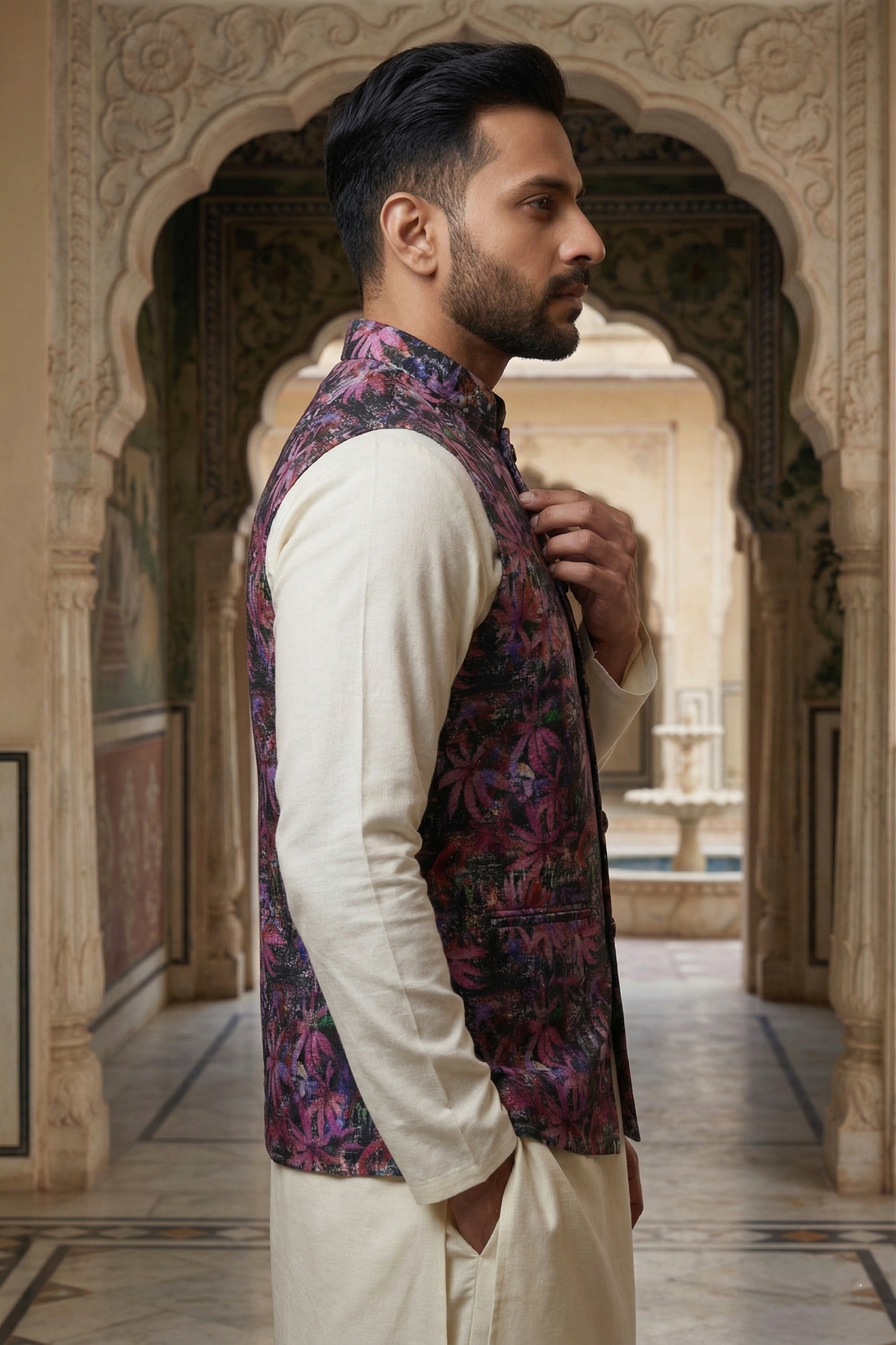 Men's Midnight Violet Floral Nehru Jacket Set – Premium Dark Printed Waistcoat with Off-White Silk Blend Kurta & Pajama - Image 2