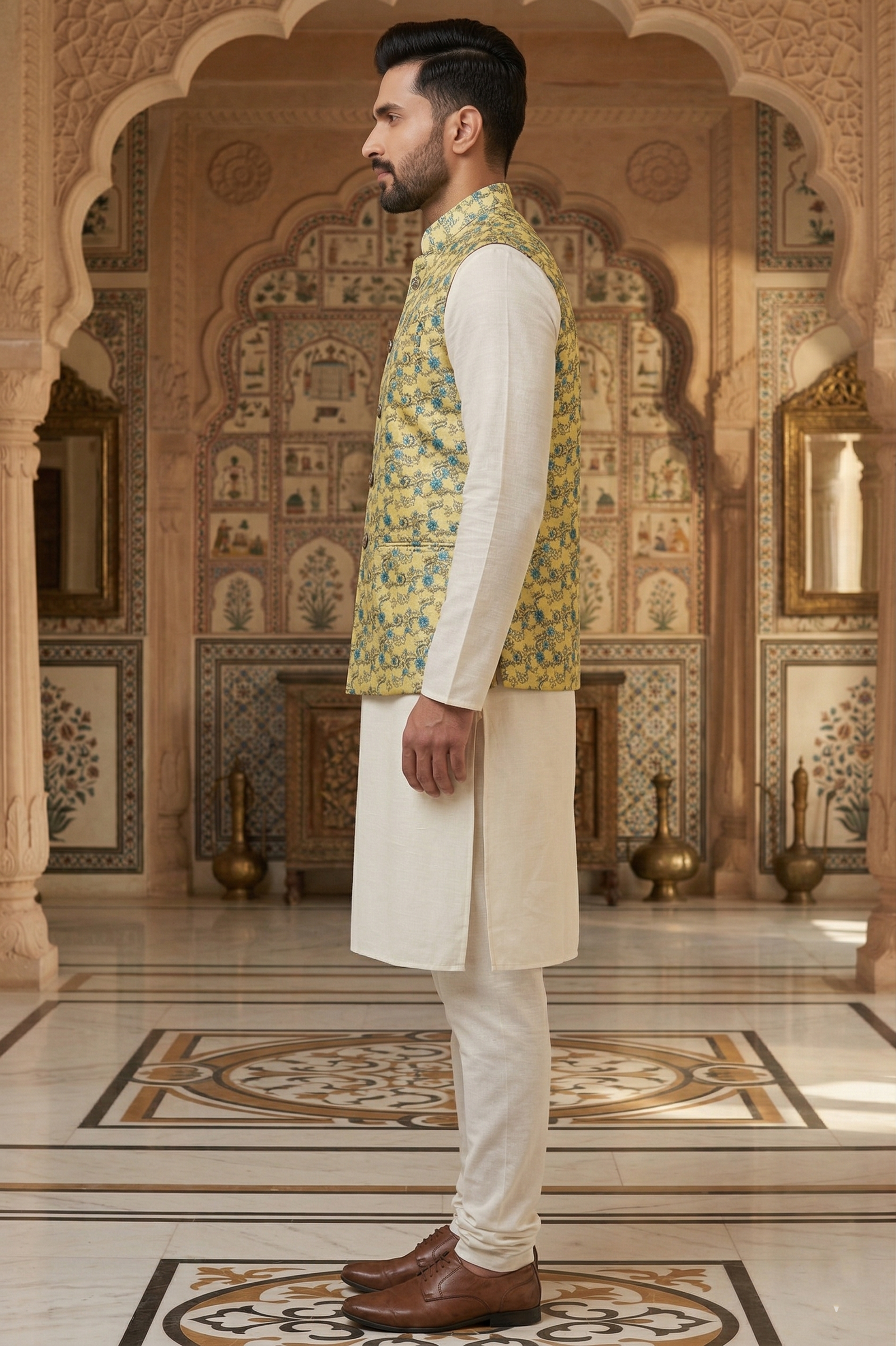 Men's Mustard & Teal Floral Nehru Jacket Set – Premium Silk-Blend Kurta Pajama with Intricate Vine Printed Waistcoat - Image 2