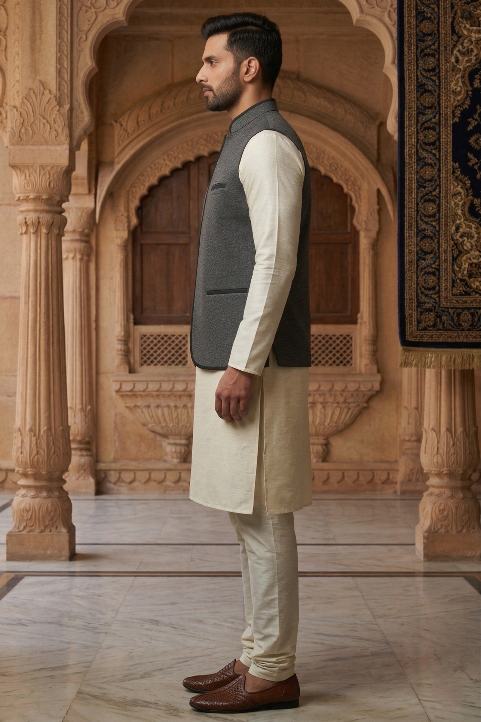 Men’s Modern Charcoal Textured Nehru Jacket Set – Open-Front Waistcoat with Black Piping, Cream Silk Blend Kurta & Pajama - Image 2