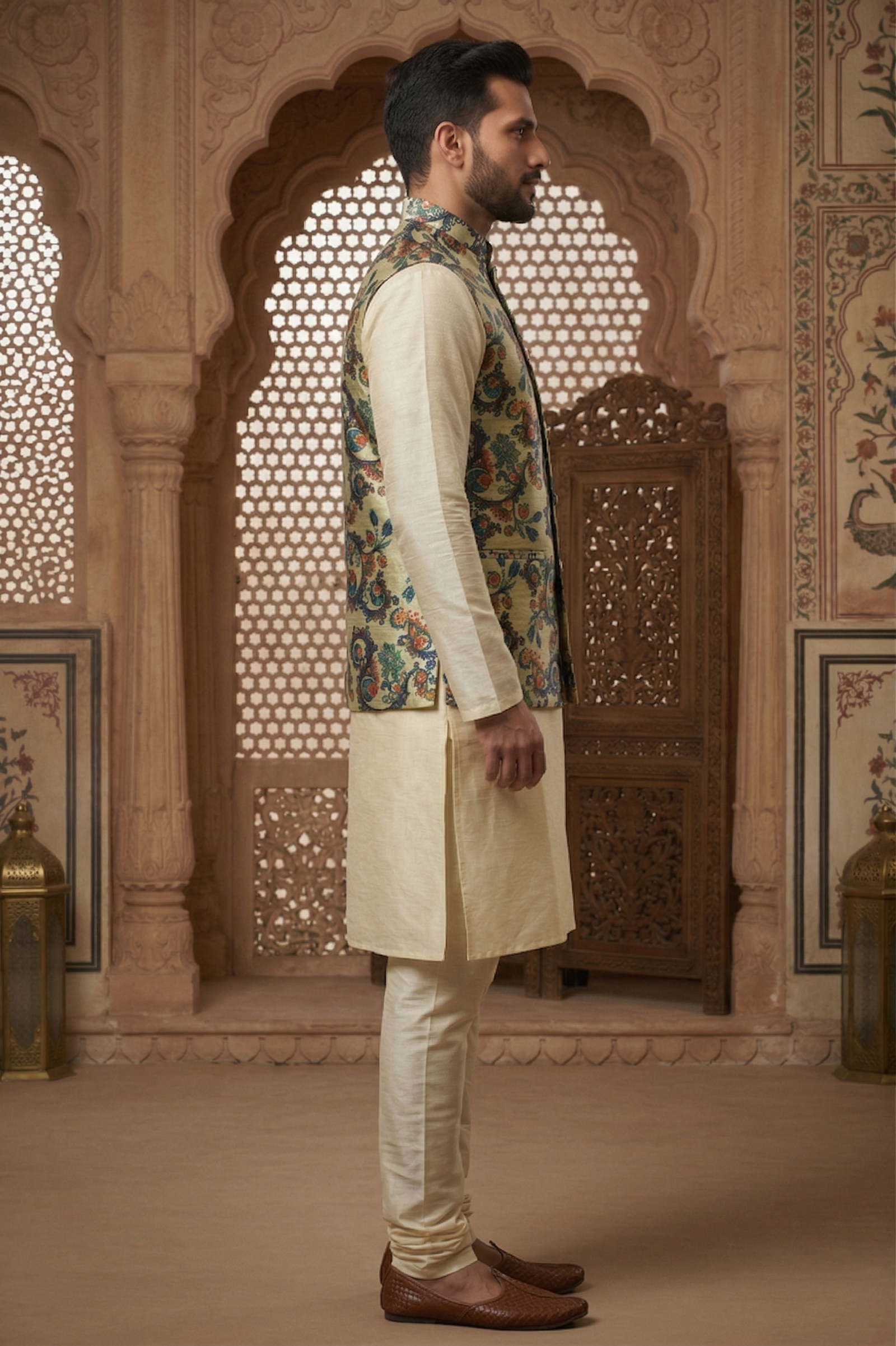 Men's Silk Blend Kurta Pajama Set with Vintage Kalamkari Print Nehru Jacket - Image 3