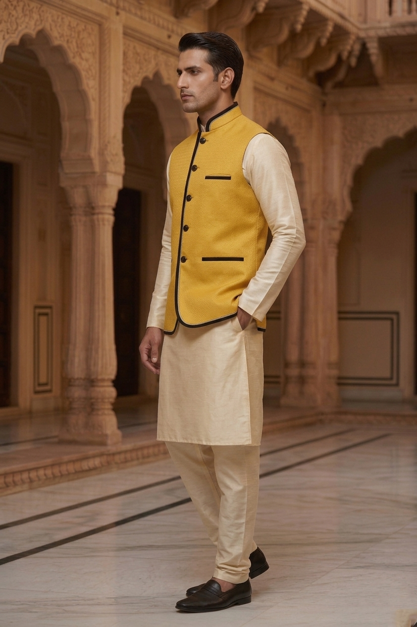 Men’s Mustard Yellow Nehru Jacket with Cream Silk Blend Kurta Pajama Set - Image 3