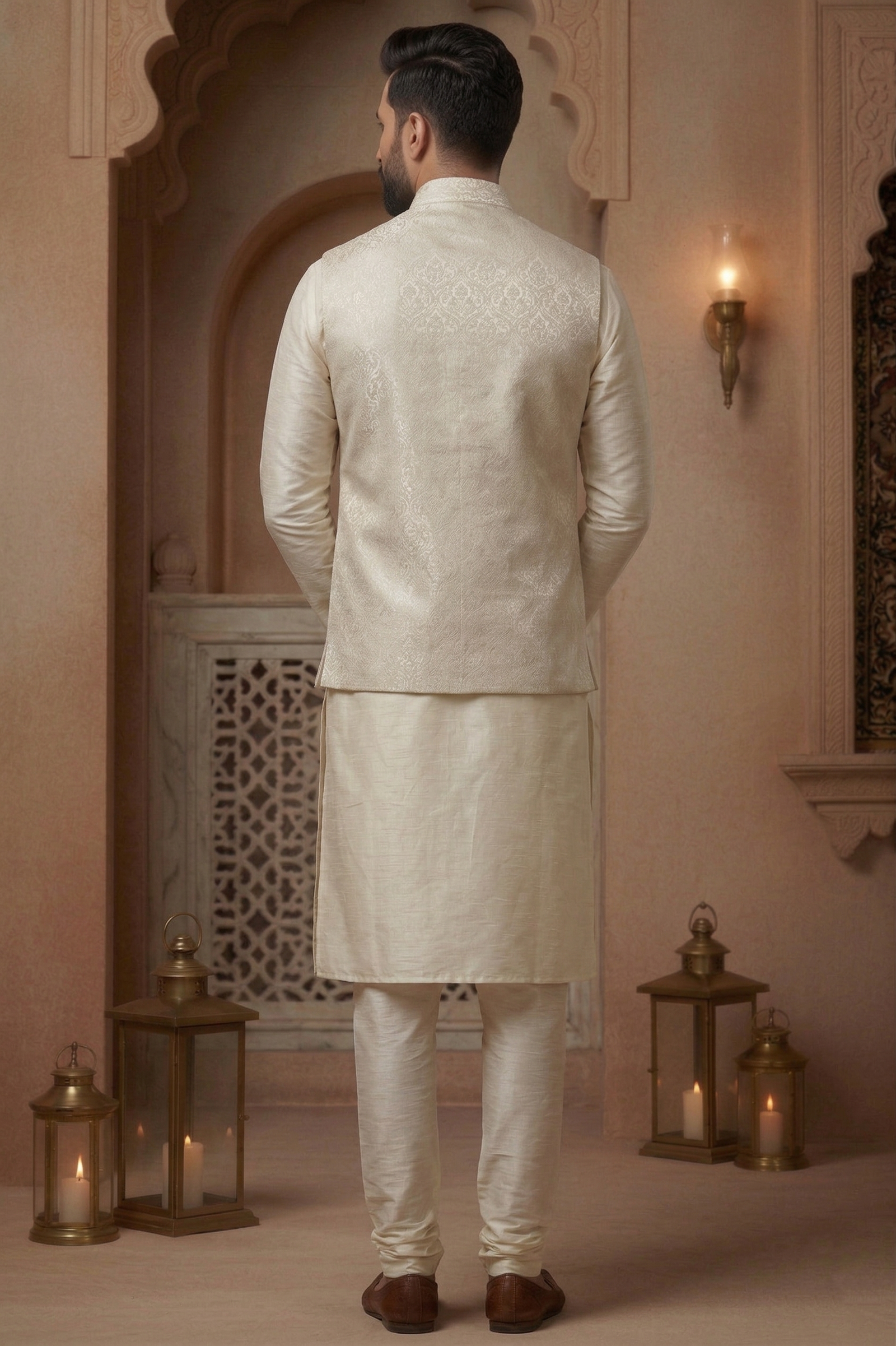 Men’s Ivory Silk Kurta Pajama Set with Jacquard Nehru Jacket - Image 3