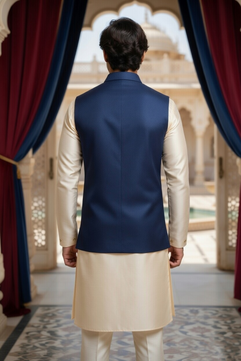 Men’s Midnight Navy Textured Nehru Jacket & Champagne Silk Blend Kurta Pajama Set - Image 3