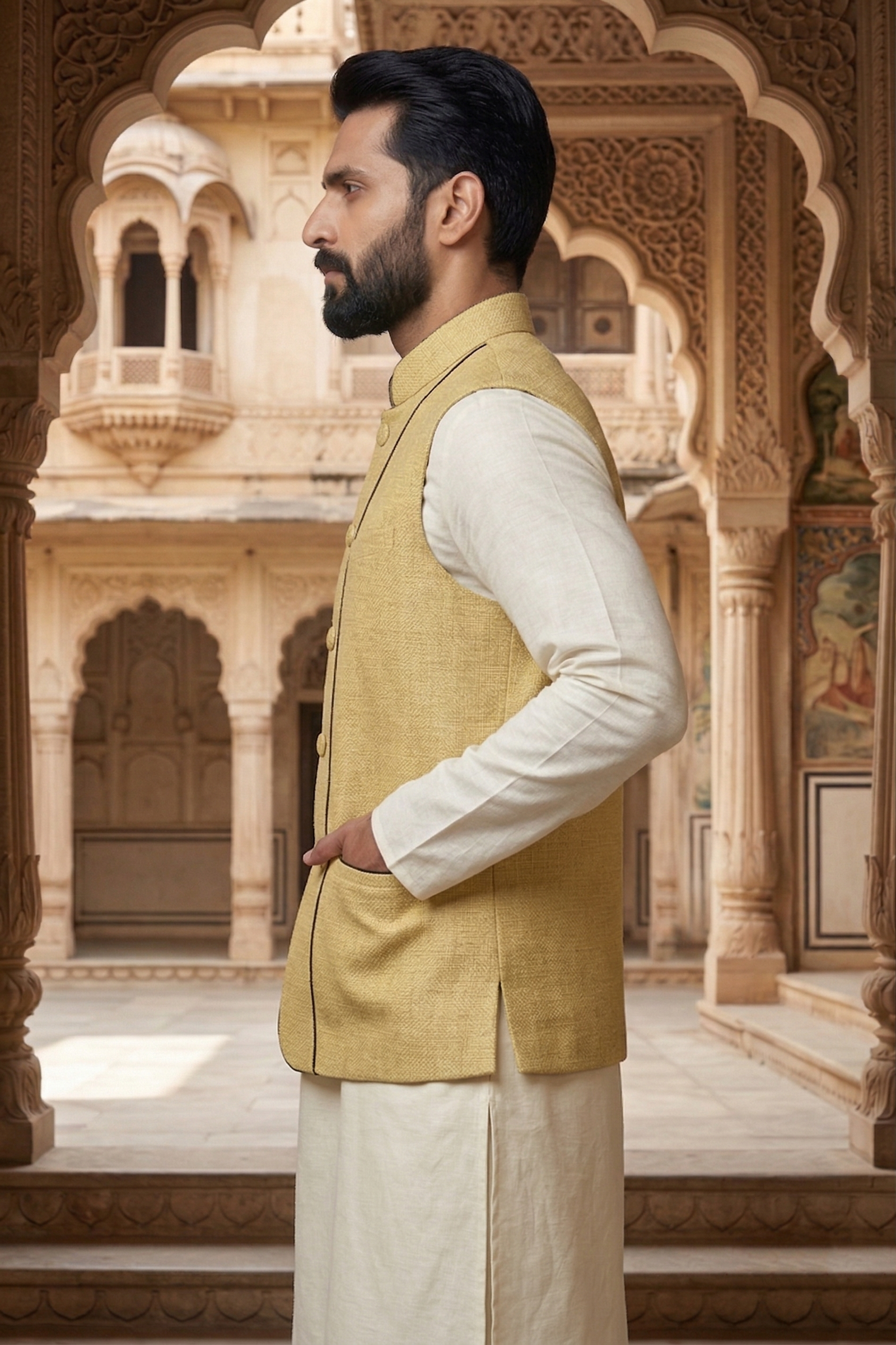 Men’s Mustard Yellow Textured Nehru Jacket & Silk Blend Kurta Pajama Set - Image 3