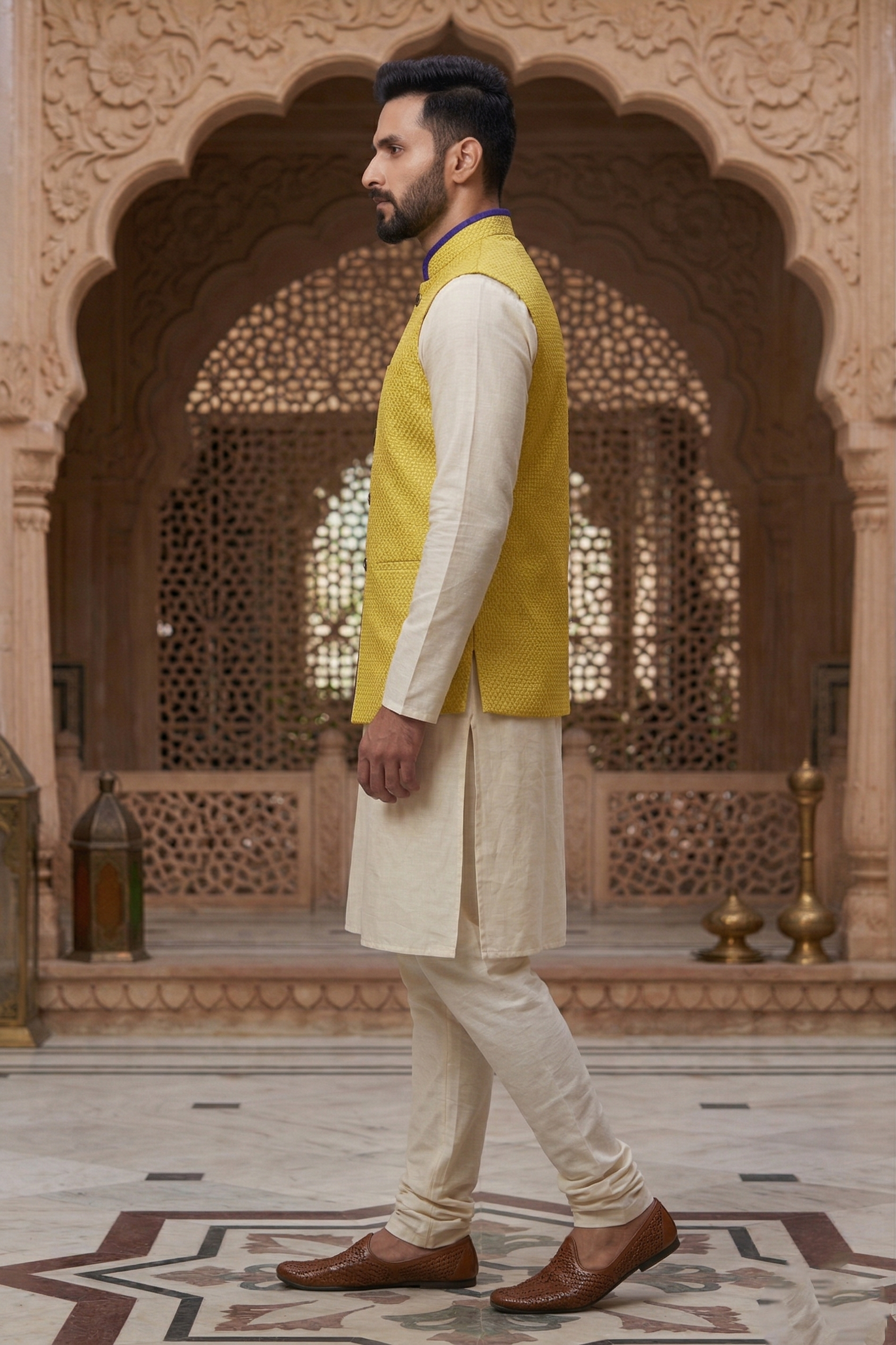 Men’s Lemon Yellow Textured Nehru Jacket & Silk Blend Kurta Pajama Set - Image 3