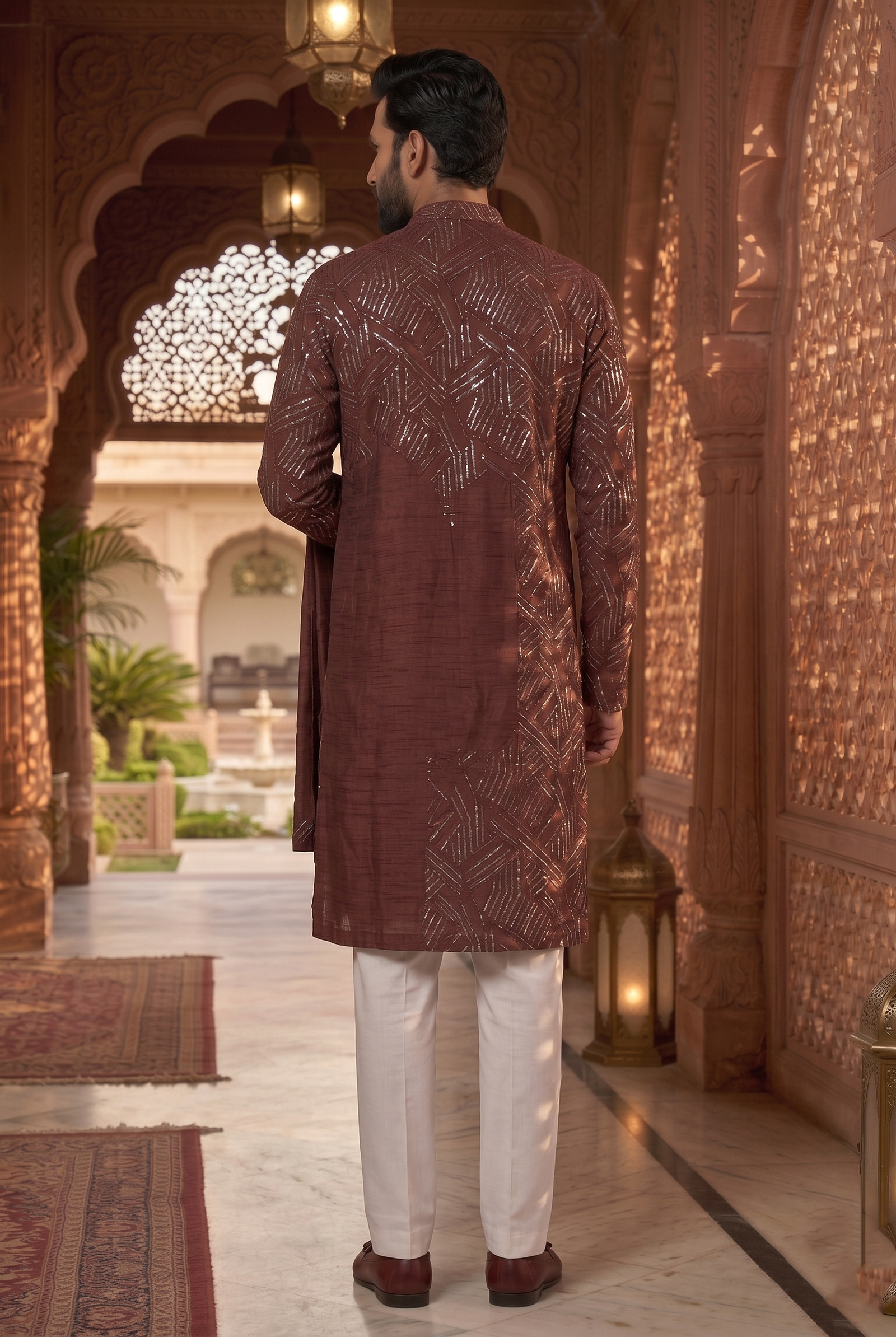 Men’s Luxury Wine-Red Geometric Embroidered Kurta Set - Image 3