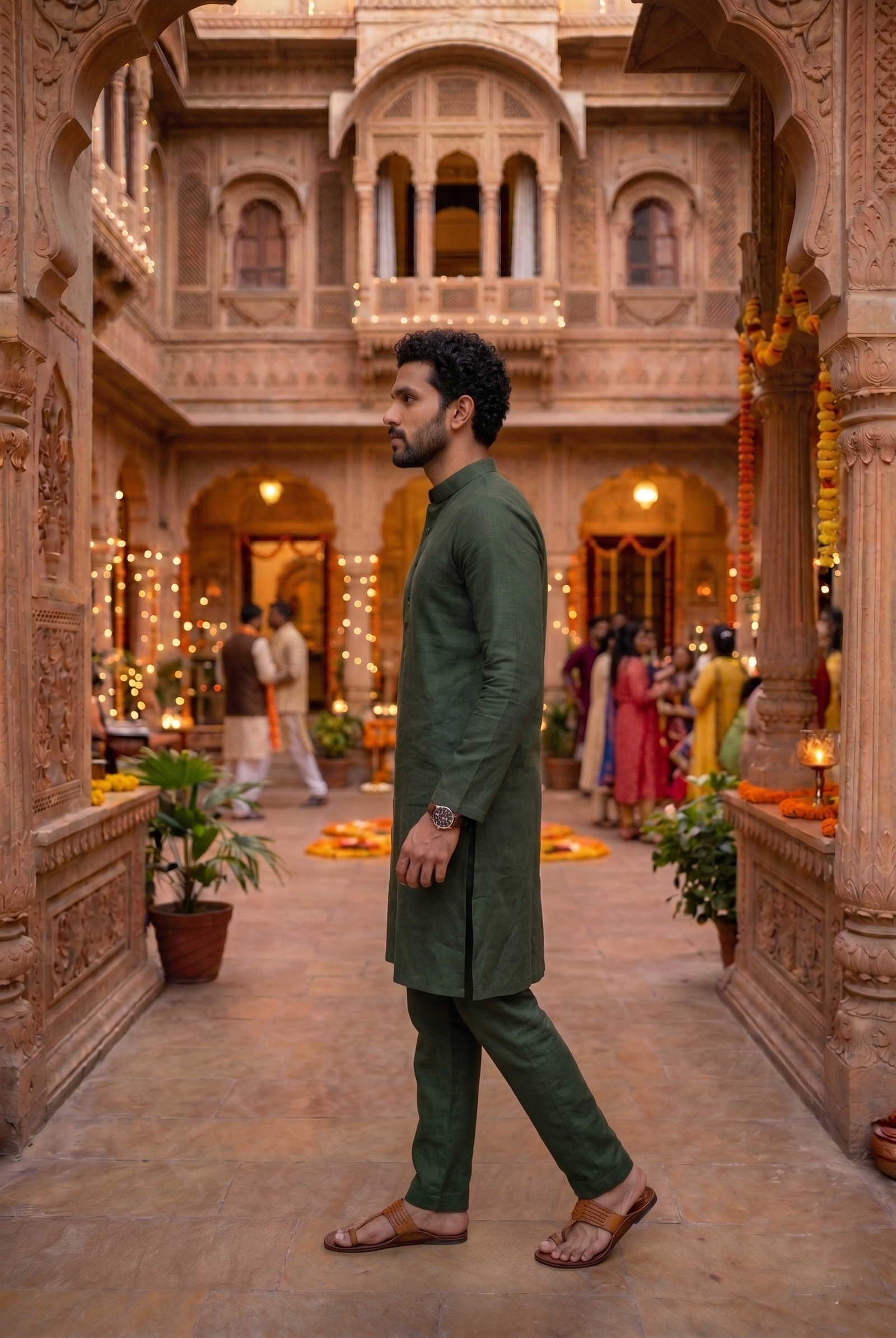 Men's Forest Green Cotton Linen Kurta Pajama Set - Image 3